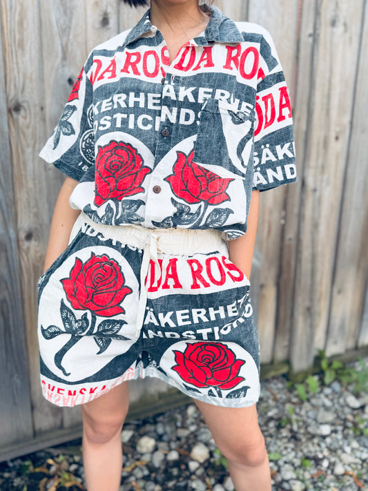 Red Rose Matchbox Print Drawstring Shorts