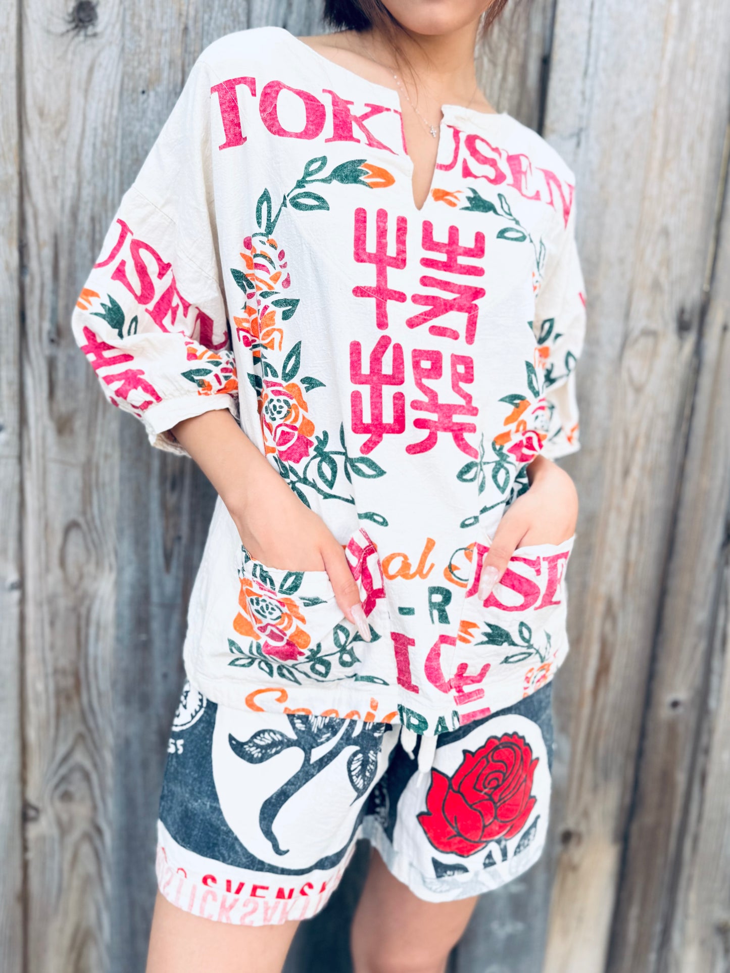 Vintage Sack‑Print Tunic Top – Relaxed Fit