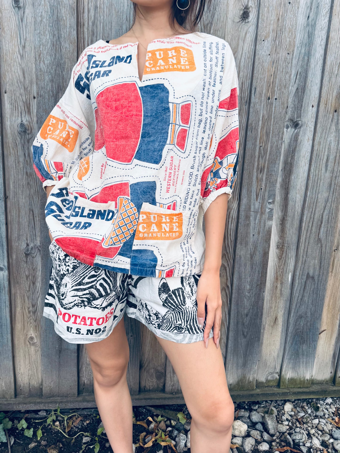 Vintage Sugar Sack Print Cotton Blouse – Oversized Fit