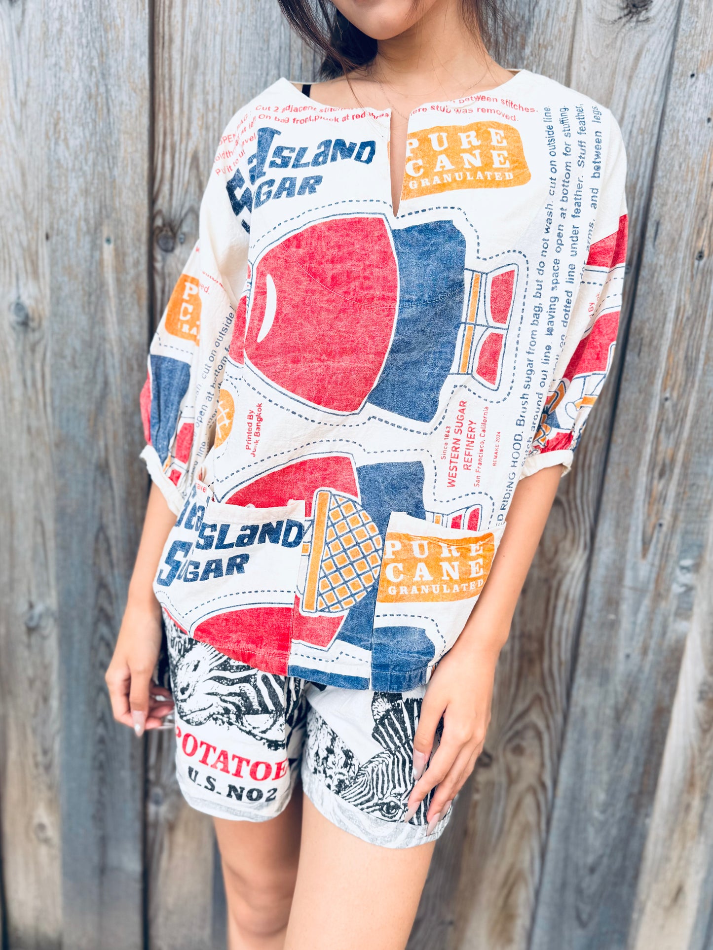 Vintage Sugar Sack Print Cotton Blouse – Oversized Fit