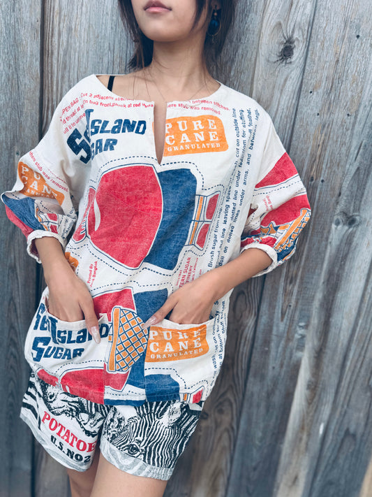 Vintage Sugar Sack Print Cotton Blouse – Oversized Fit