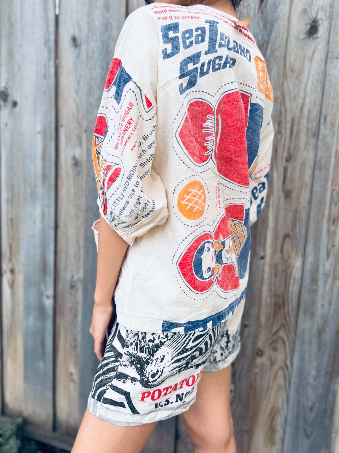 Vintage Sugar Sack Print Cotton Blouse – Oversized Fit