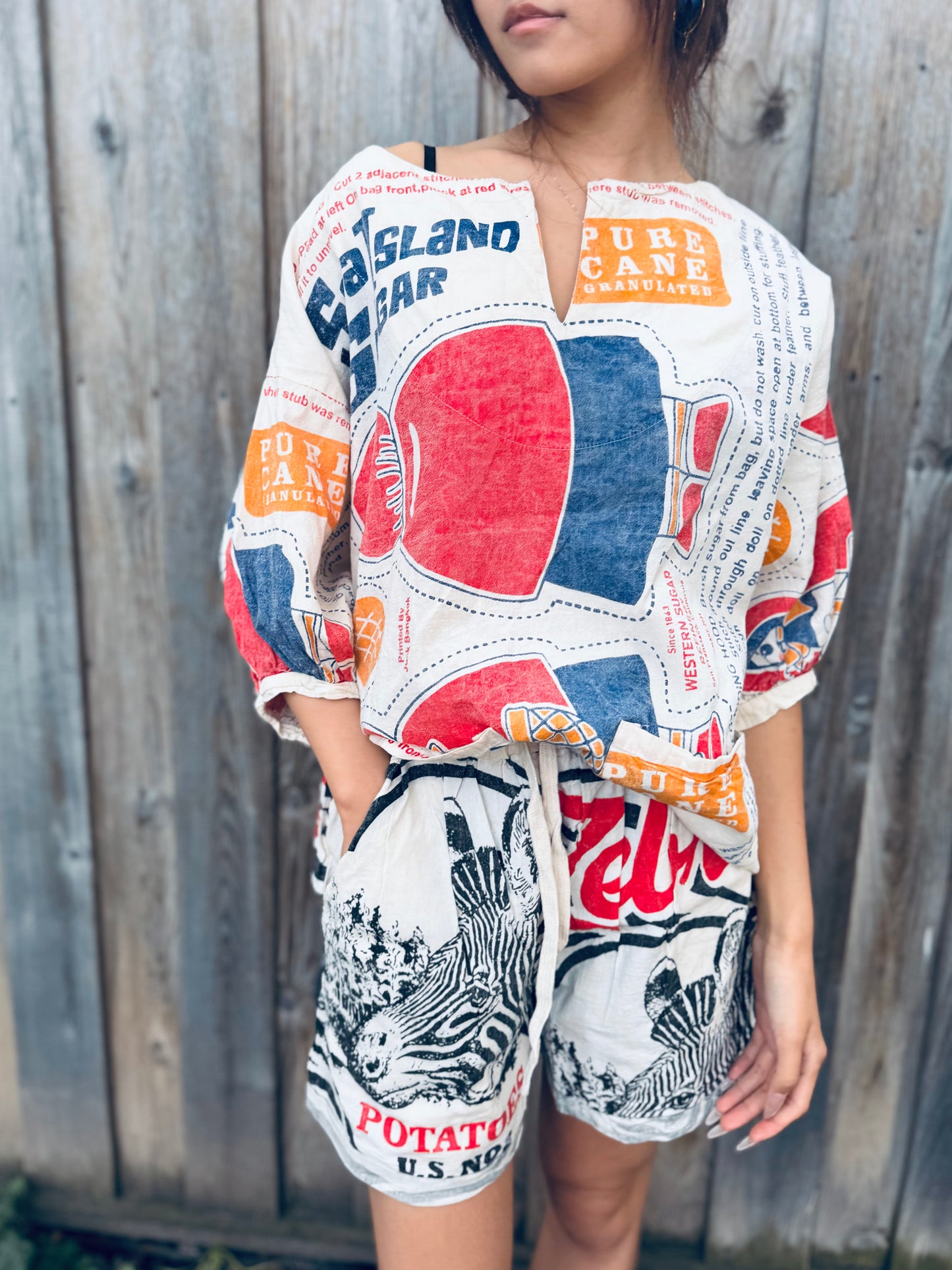 Vintage Sugar Sack Print Cotton Blouse – Oversized Fit