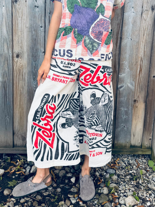 “Zebra Potato” Wide-Leg Cotton Pants – Vintage Feed Sack Style