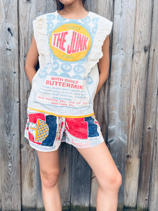 “Junk Feed” Upcycled Ruffle Blouse – Limited Edition
