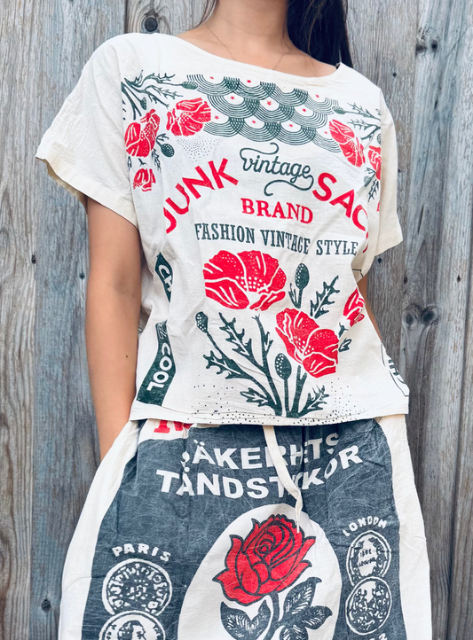 Vintage Floral Sack Top – Red Rose Print