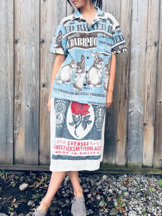 🐇 Washed Cotton Rice Sack Shirt – Red Rabbit Graphic