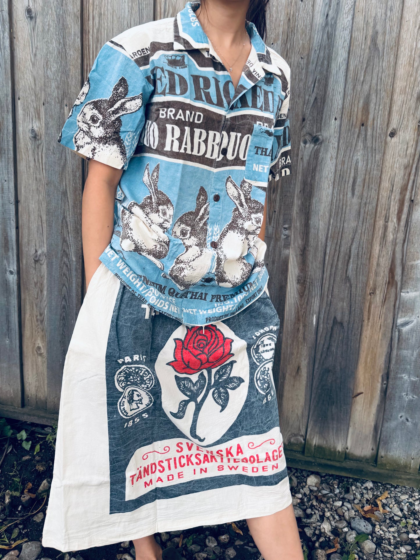 🐇 Washed Cotton Rice Sack Shirt – Red Rabbit Graphic