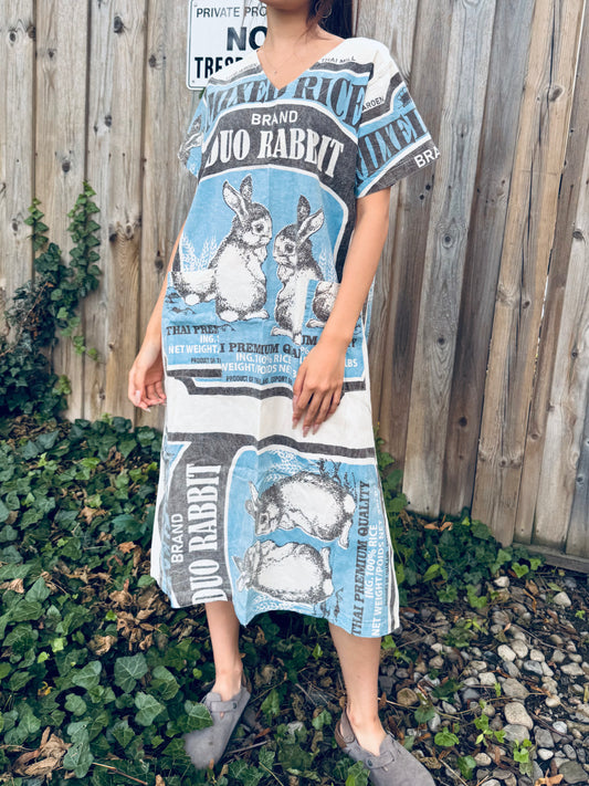 🐰 Duo Rabbit V-Neck Dress – Washed Cotton Upcycled Artwear