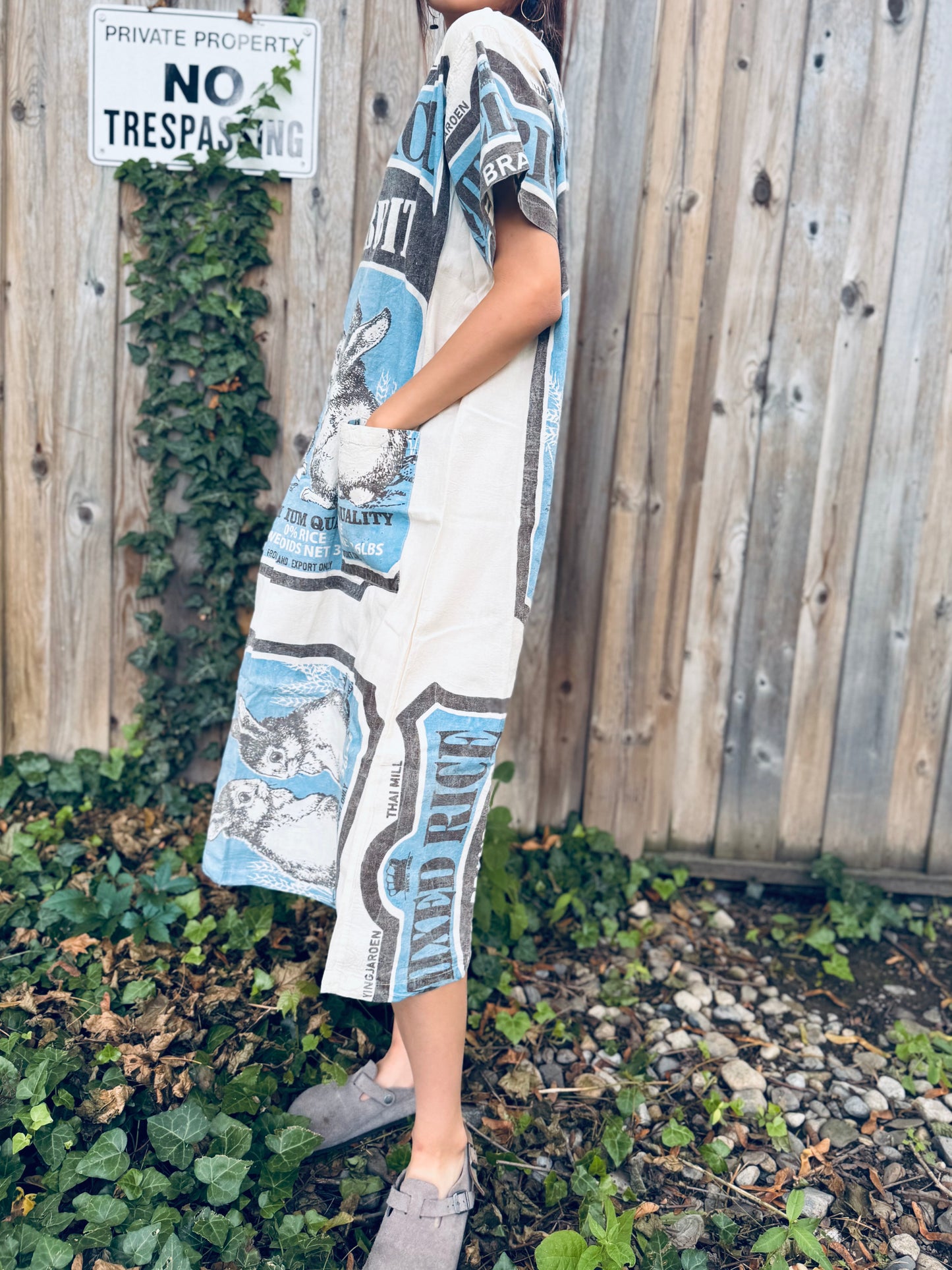 🐰 Duo Rabbit V-Neck Dress – Washed Cotton Upcycled Artwear