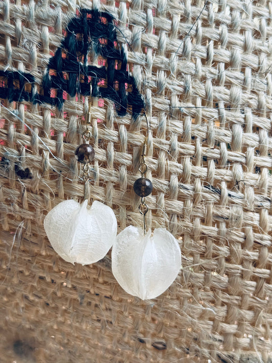 Real Gooseberry Petal Earrings with Natural Stone & 14K Gold-Filled Hooks