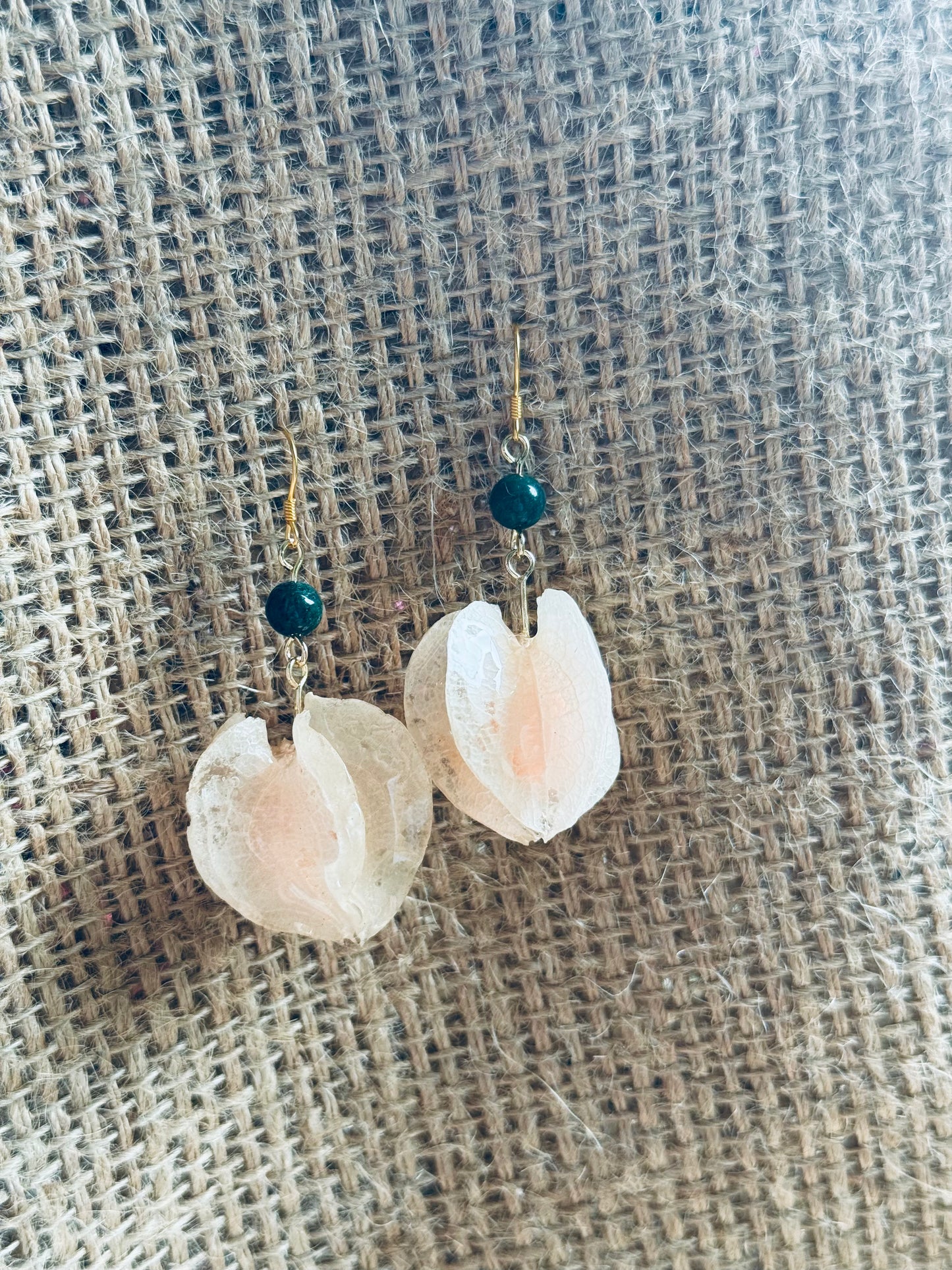 Real Gooseberry Petal Earrings with Natural Stone & 14K Gold-Filled Hooks
