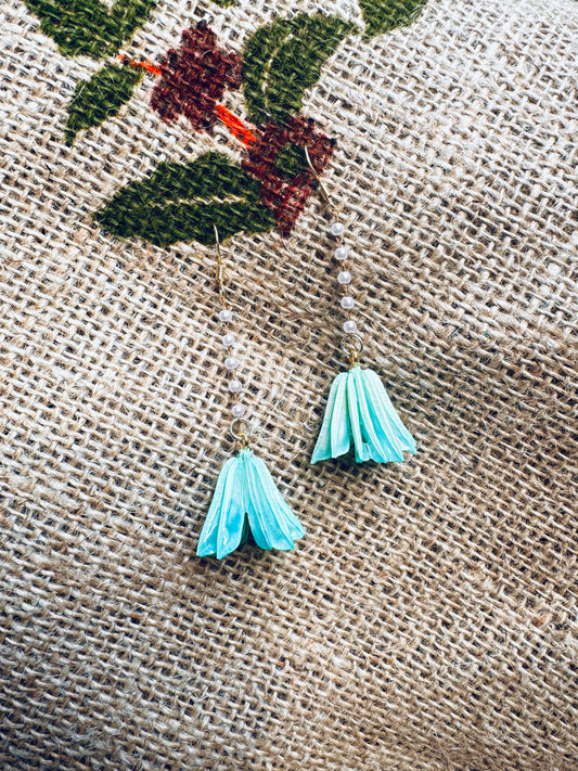 Pastel Aqua Petal Earrings with Faux Pearls – 14k Gold‑Plated