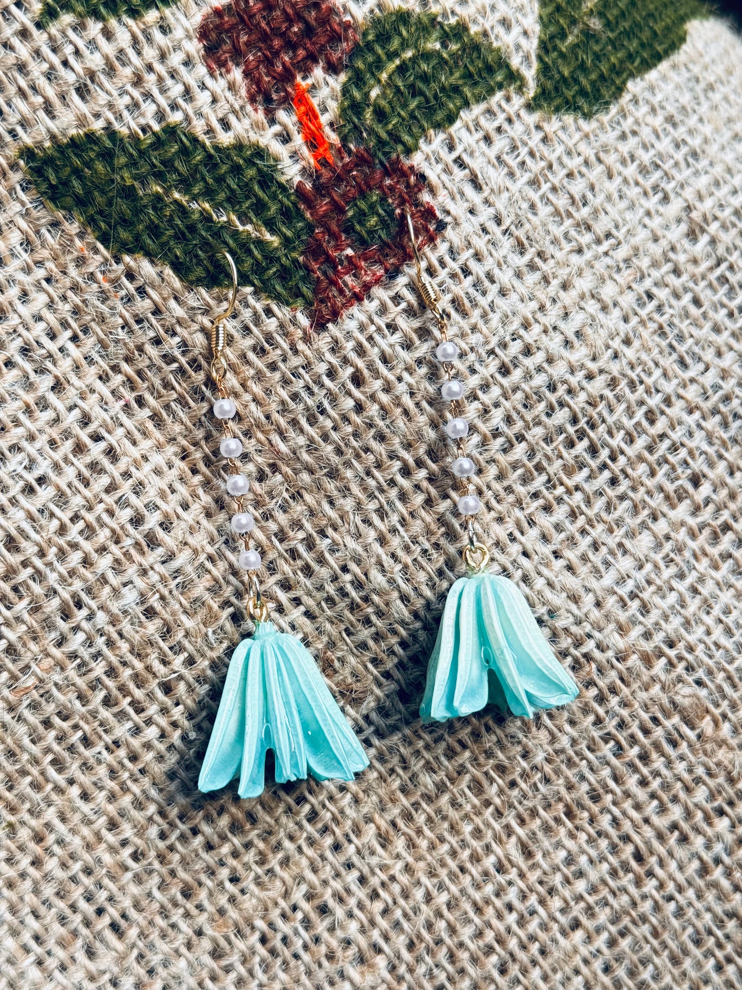 Pastel Aqua Petal Earrings with Faux Pearls – 14k Gold‑Plated