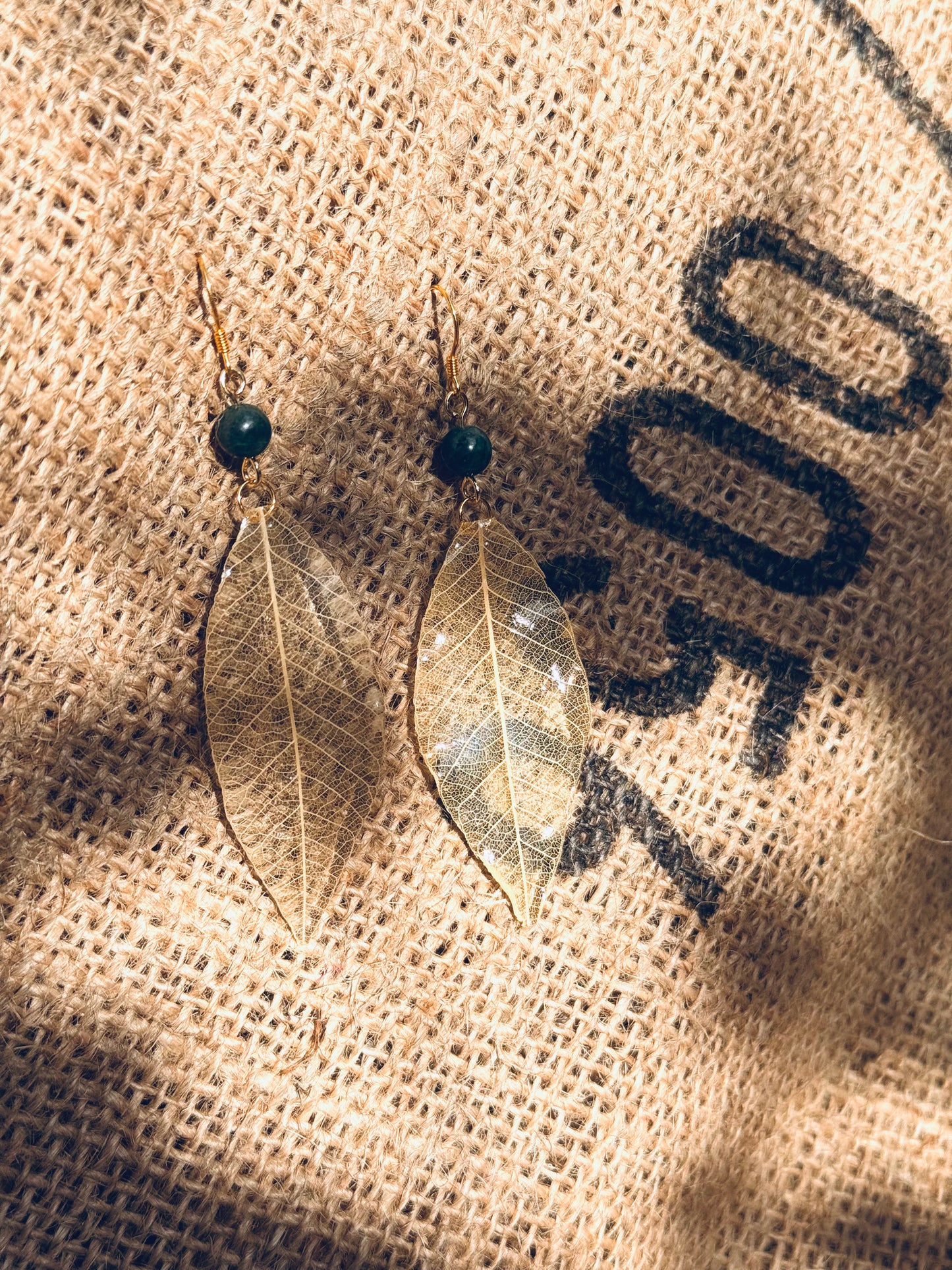 Golden Bodhi Leaf & Natural Stone Earrings – 14k Gold‑Plated