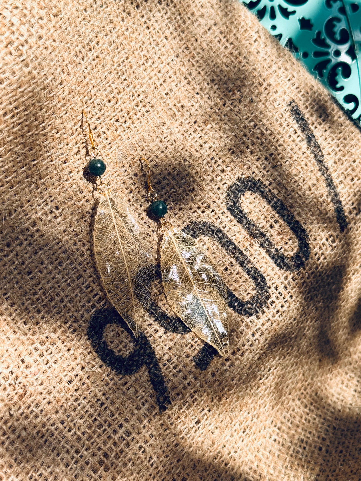 Golden Bodhi Leaf & Natural Stone Earrings – 14k Gold‑Plated