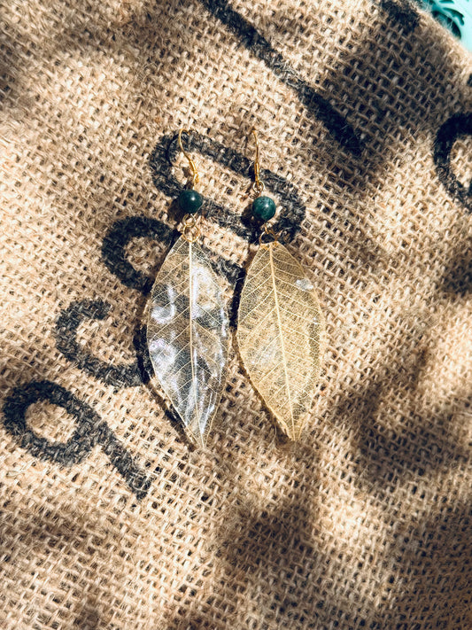 Golden Bodhi Leaf & Natural Stone Earrings – 14k Gold‑Plated
