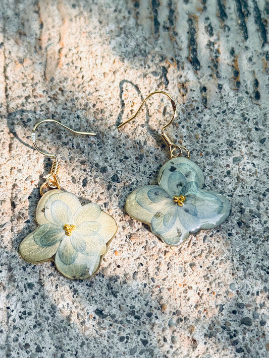 Antique Green Hydrangea Petal Earrings – 14k Gold‑Plated