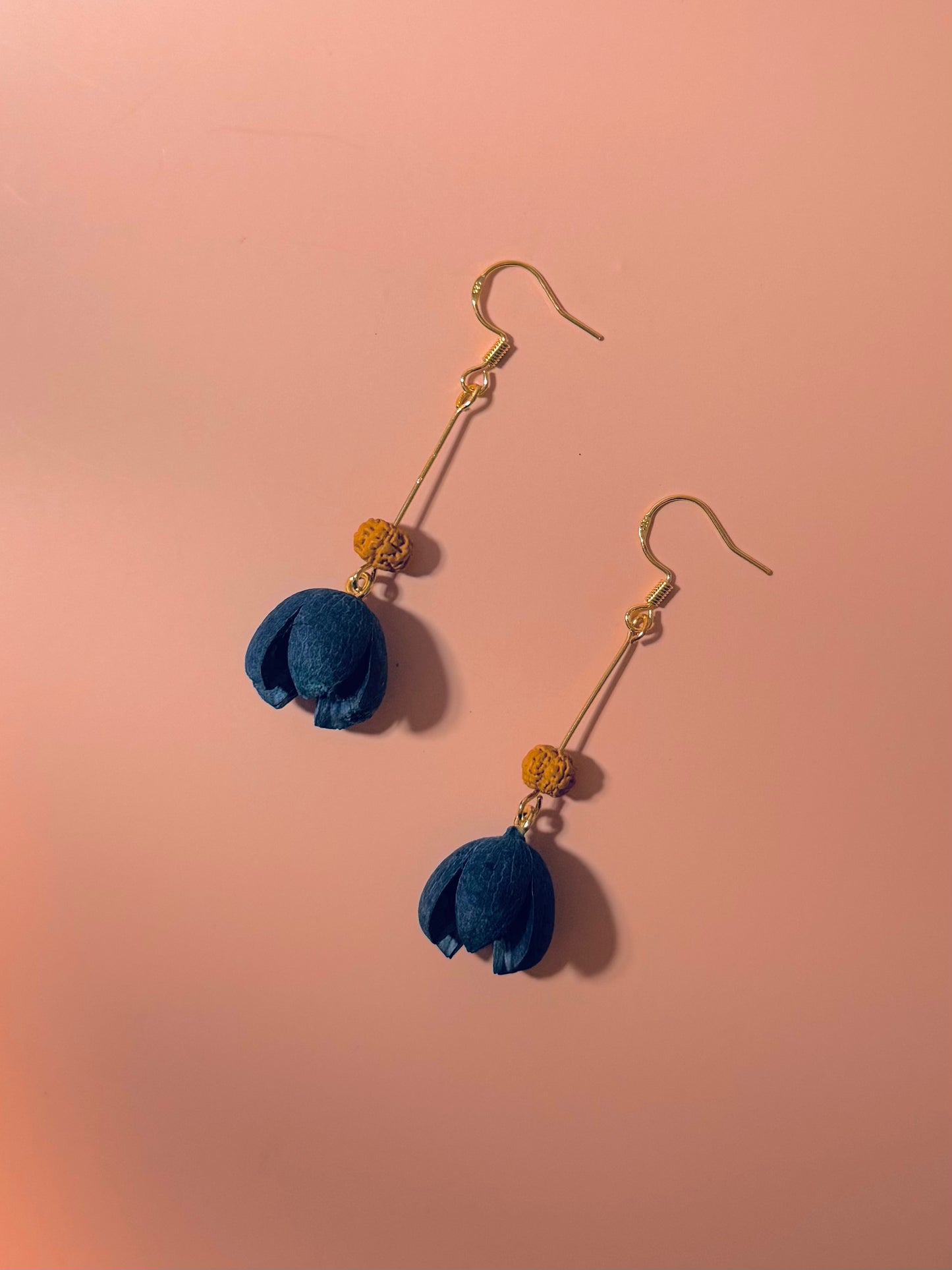 💙✨ Blue Bodhi Blossom Earrings – with Open‑Smile Seeds – 14k Gold ✨💙