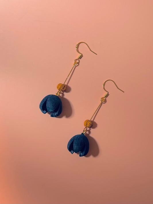 💙✨ Blue Bodhi Blossom Earrings – with Open‑Smile Seeds – 14k Gold ✨💙