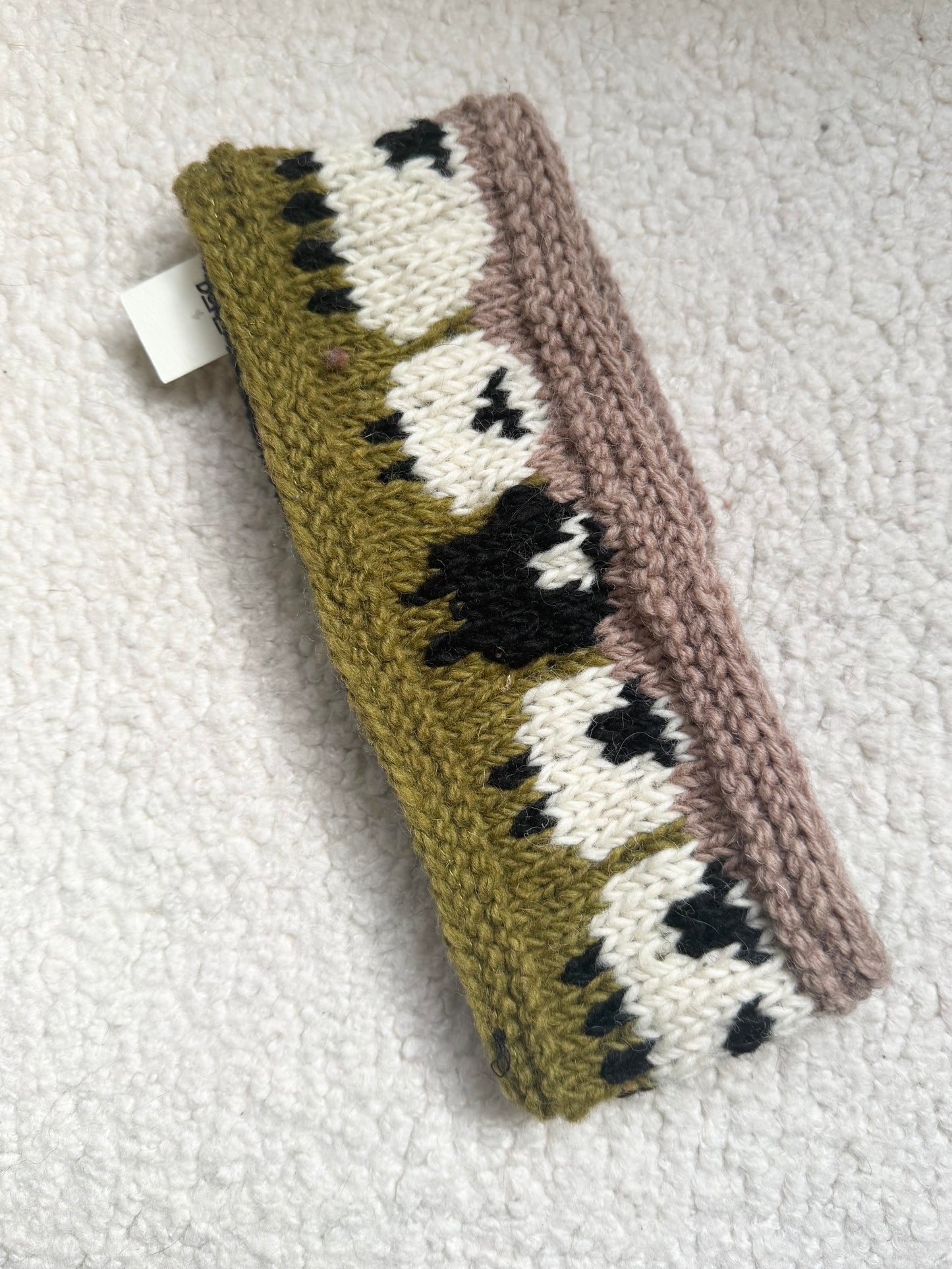 Hand Knit Wool Ear Warmer – Folk Sheepl Pattern | Fleece Lined | One of a Kind | Made in Nepal