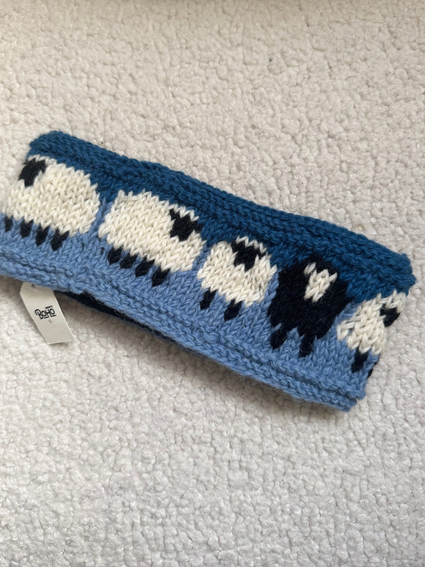 Hand Knit Wool Ear Warmer – Folk Sheepl Pattern | Fleece Lined | One of a Kind | Made in Nepal