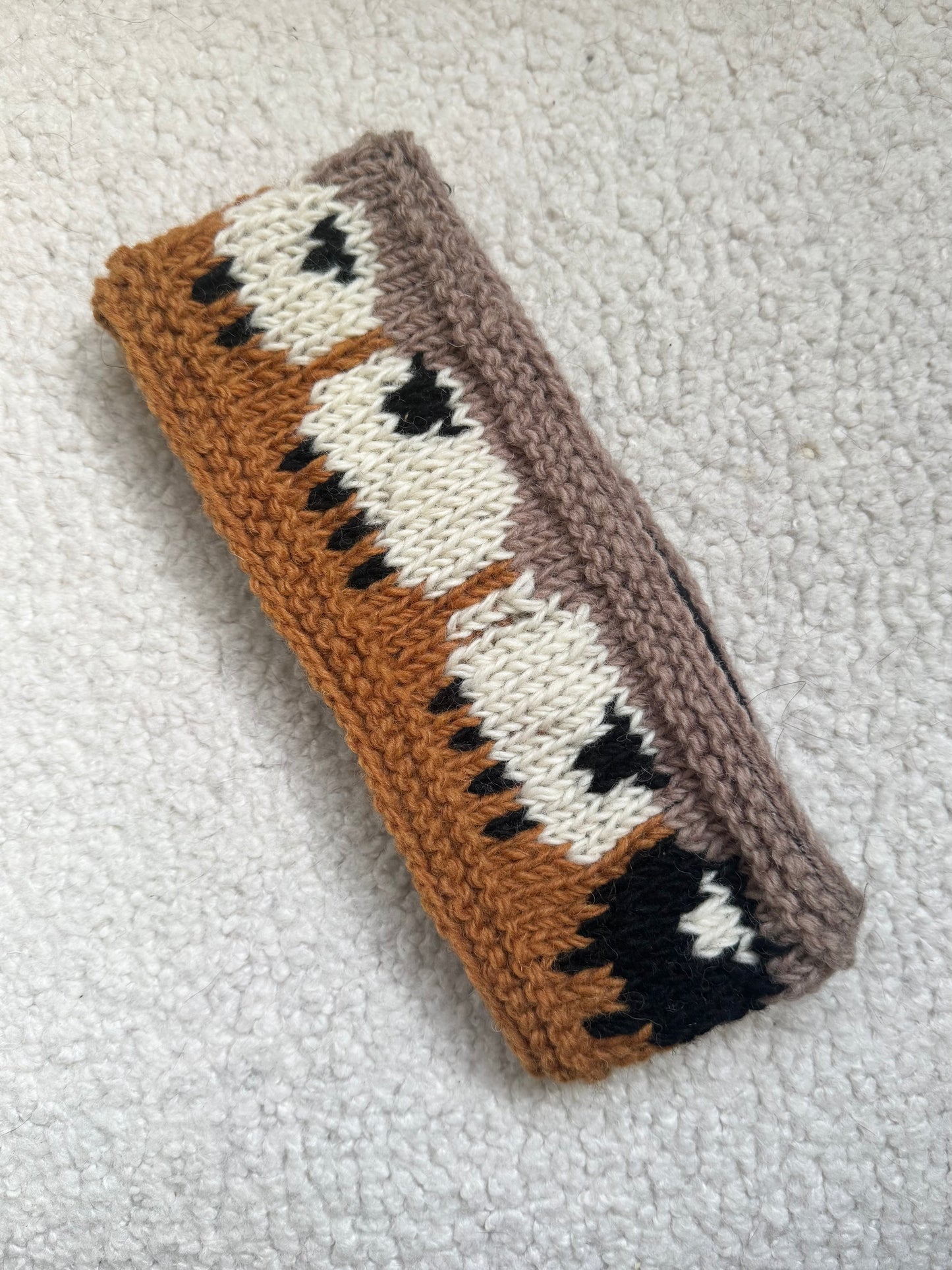 Hand Knit Wool Ear Warmer – Folk Sheepl Pattern | Fleece Lined | One of a Kind | Made in Nepal