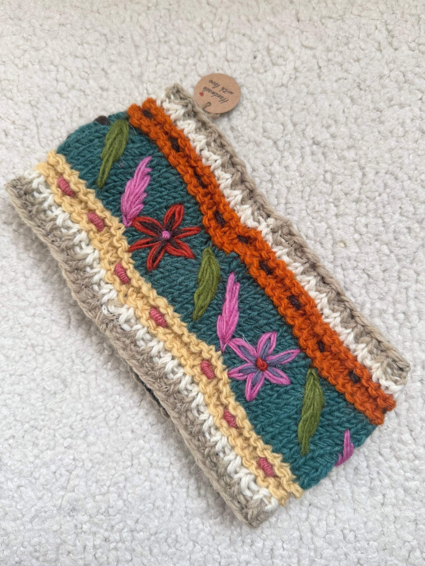 Hand Knit Floral Wool Ear Warmer – Embroidered Headband | Fleece Lined | One of a Kind | Made in Nepal
