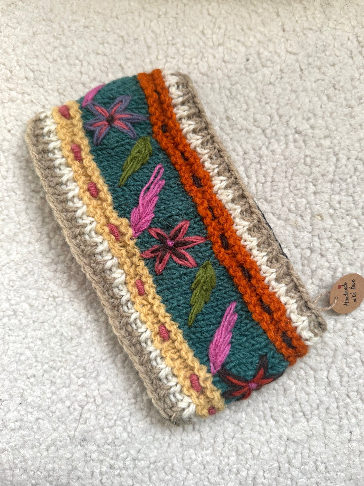 Hand Knit Floral Wool Ear Warmer – Embroidered Headband | Fleece Lined | One of a Kind | Made in Nepal