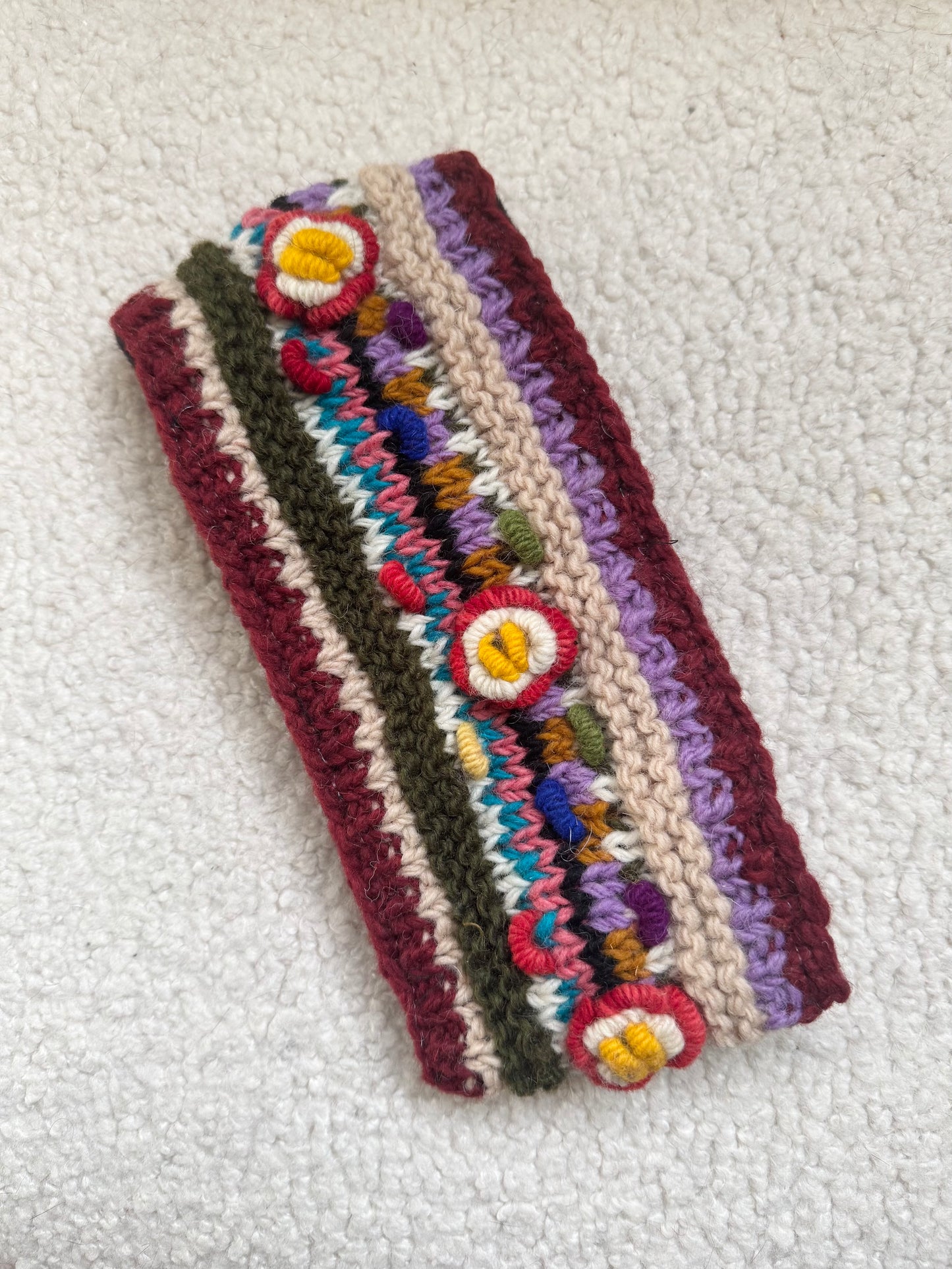 Hand Knit Floral Wool Ear Warmer – Embroidered Headband | Fleece Lined | One of a Kind | Made in Nepal