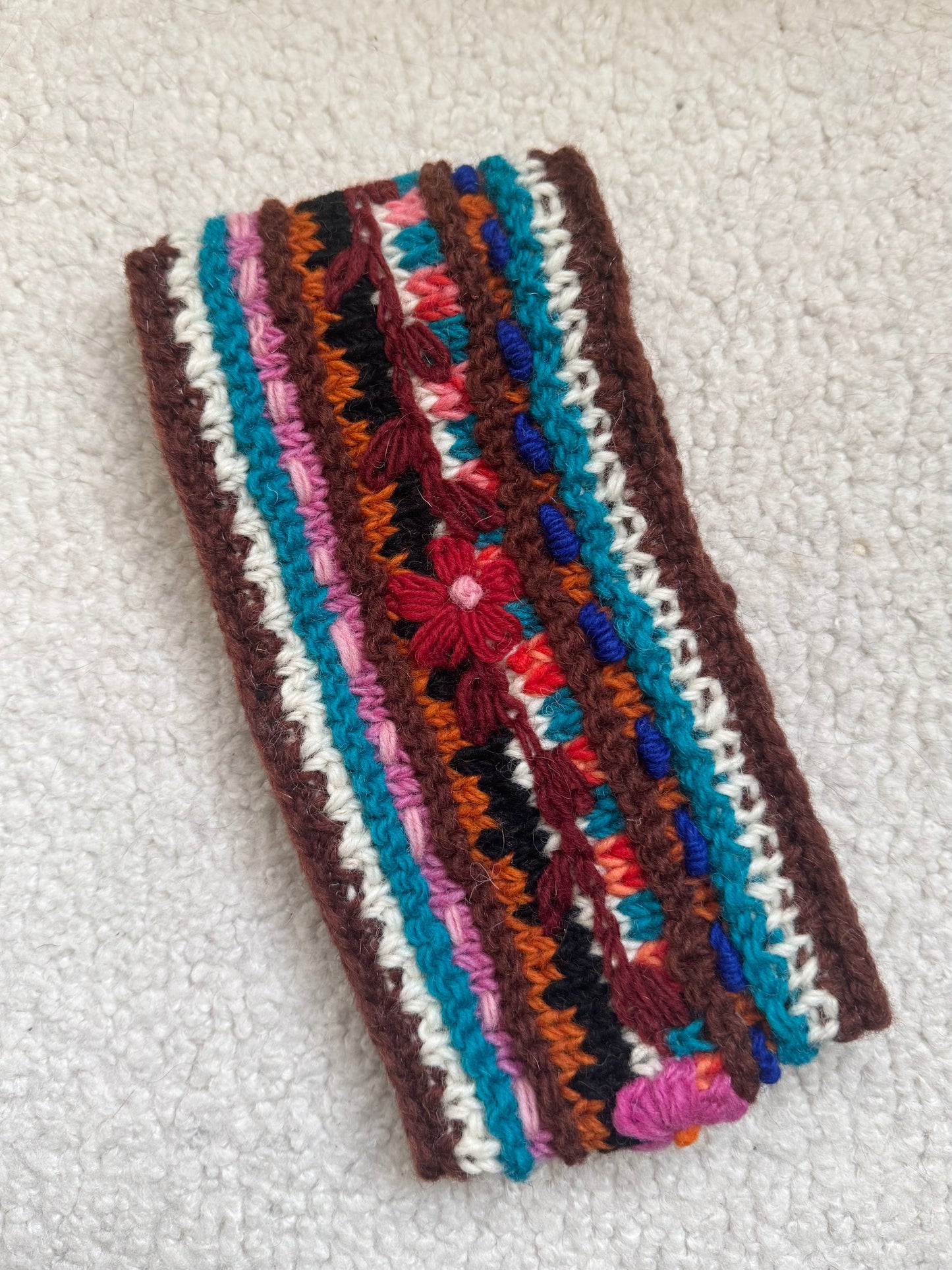 Hand Knit Floral Wool Ear Warmer – Embroidered Headband | Fleece Lined | One of a Kind | Made in Nepal