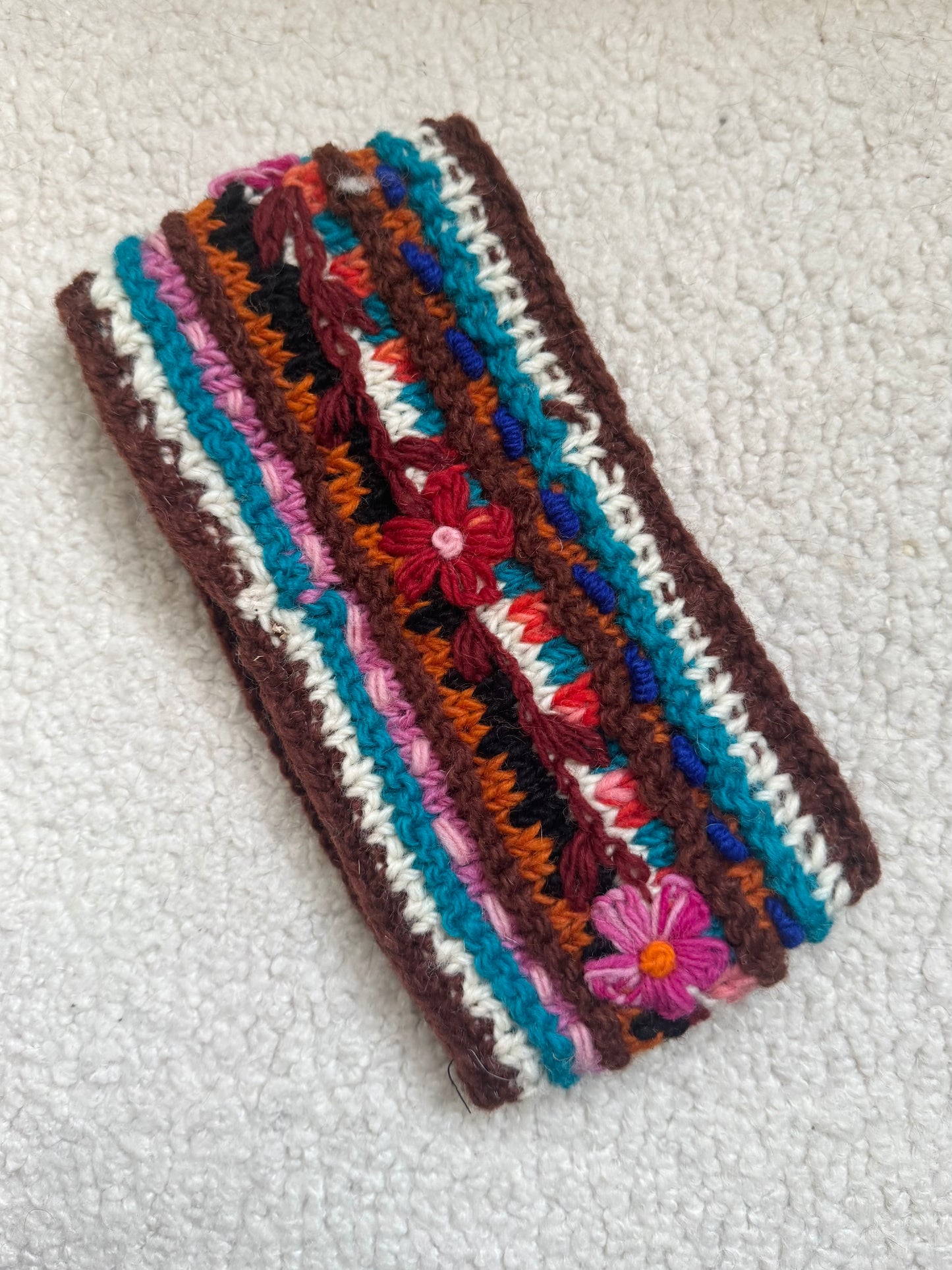 Hand Knit Floral Wool Ear Warmer – Embroidered Headband | Fleece Lined | One of a Kind | Made in Nepal