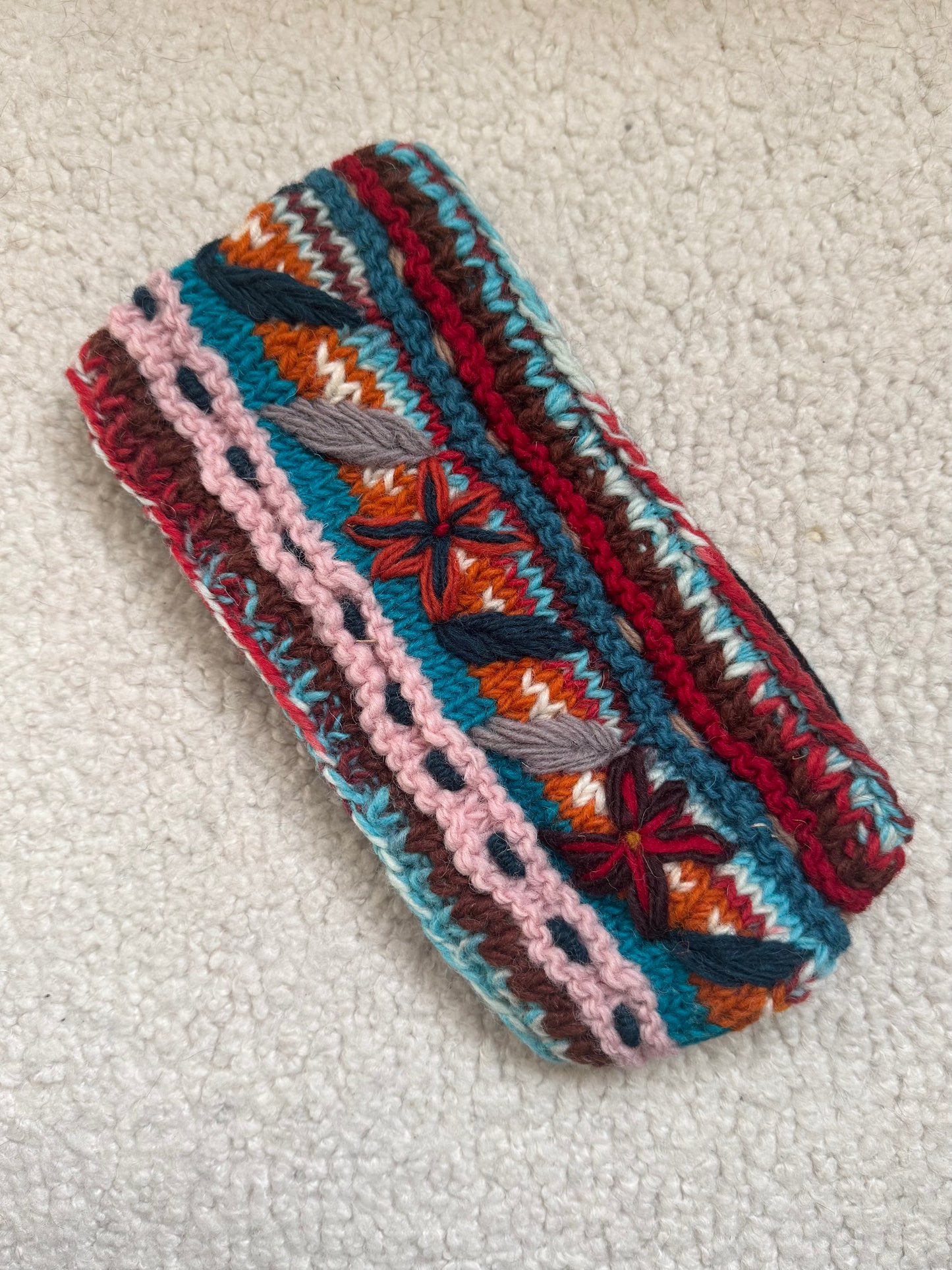 Hand Knit Floral Wool Ear Warmer – Embroidered Headband | Fleece Lined | One of a Kind | Made in Nepal