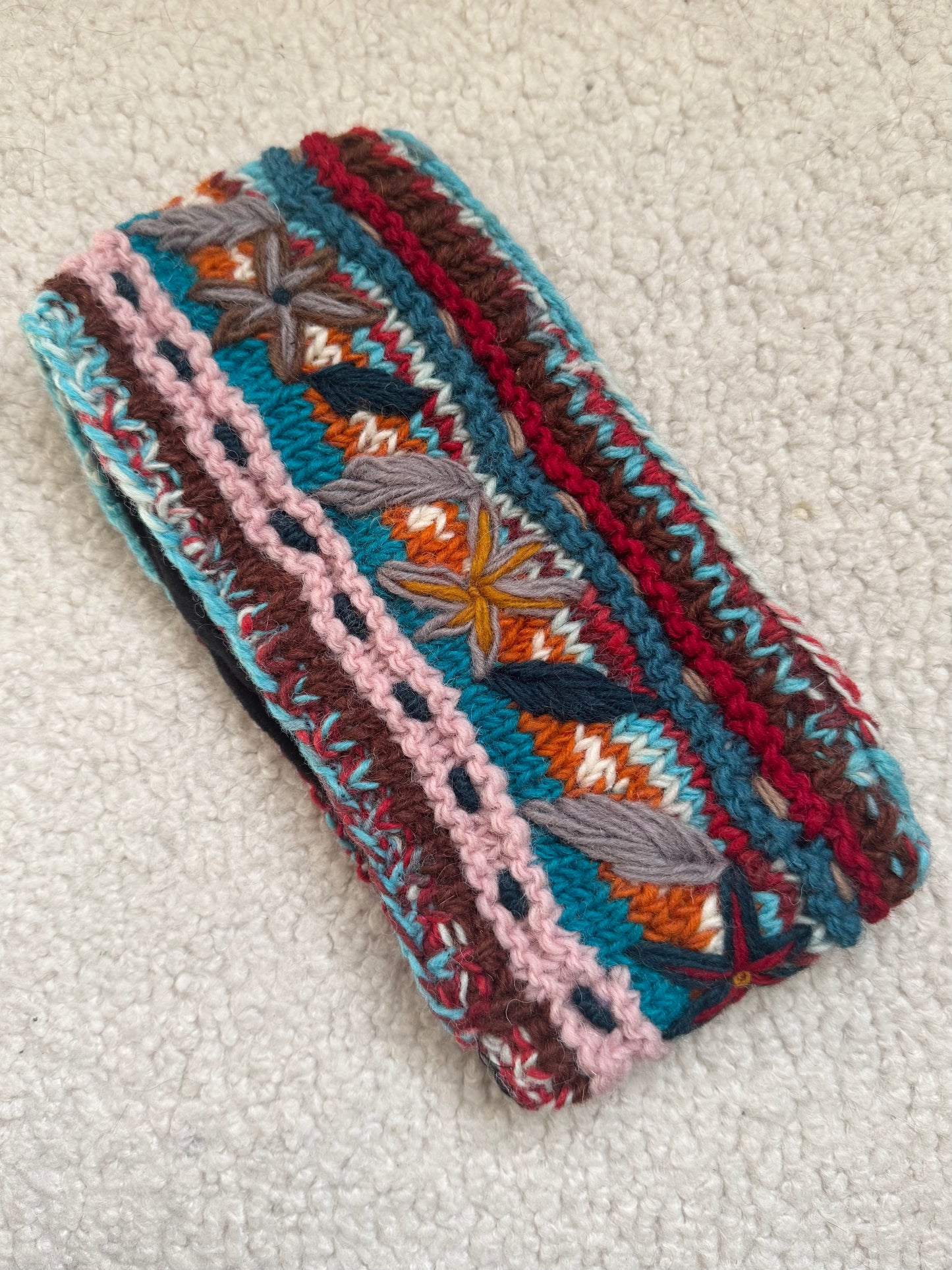 Hand Knit Floral Wool Ear Warmer – Embroidered Headband | Fleece Lined | One of a Kind | Made in Nepal