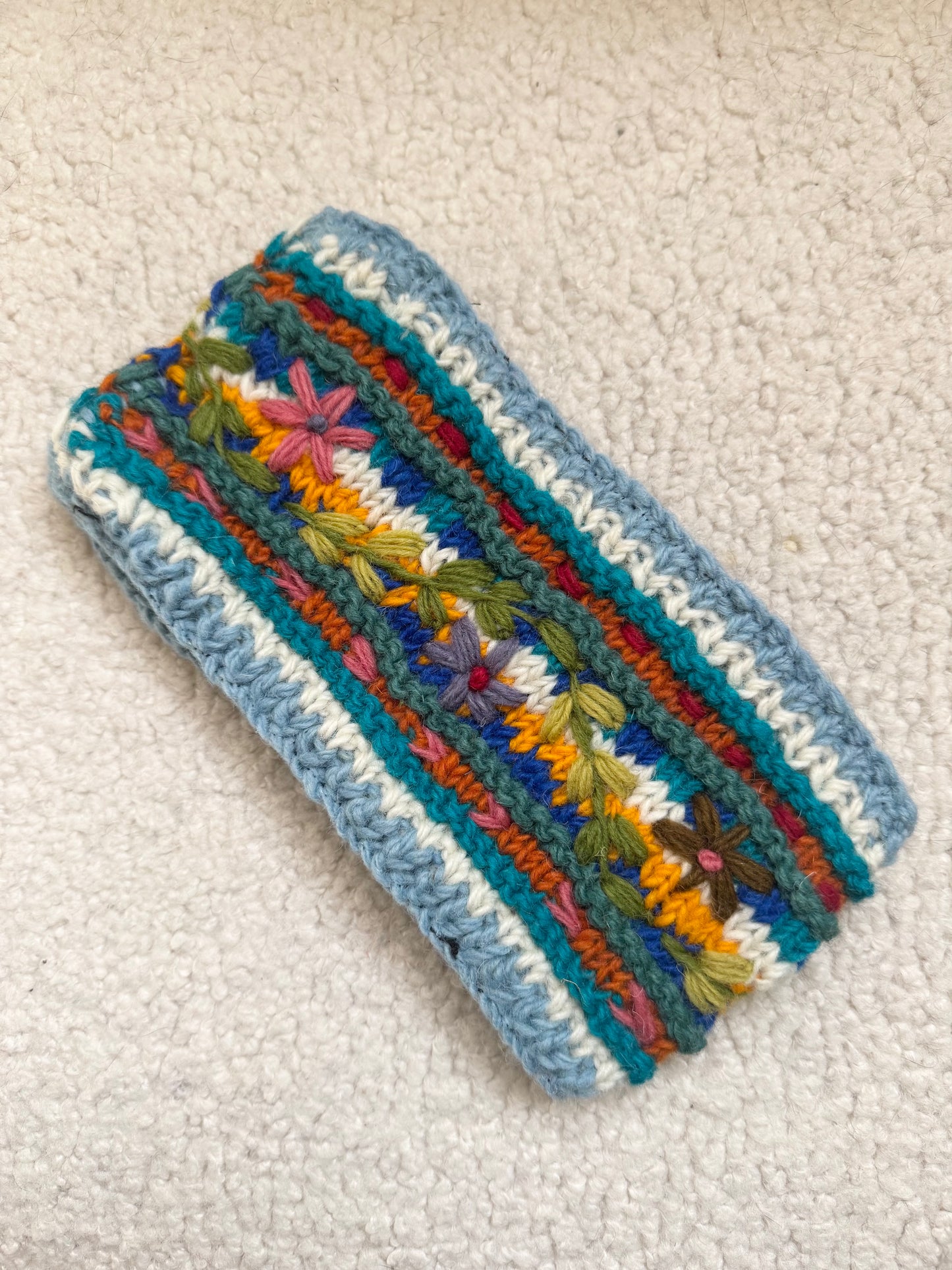 Hand Knit Floral Wool Ear Warmer – Embroidered Headband | Fleece Lined | One of a Kind | Made in Nepal