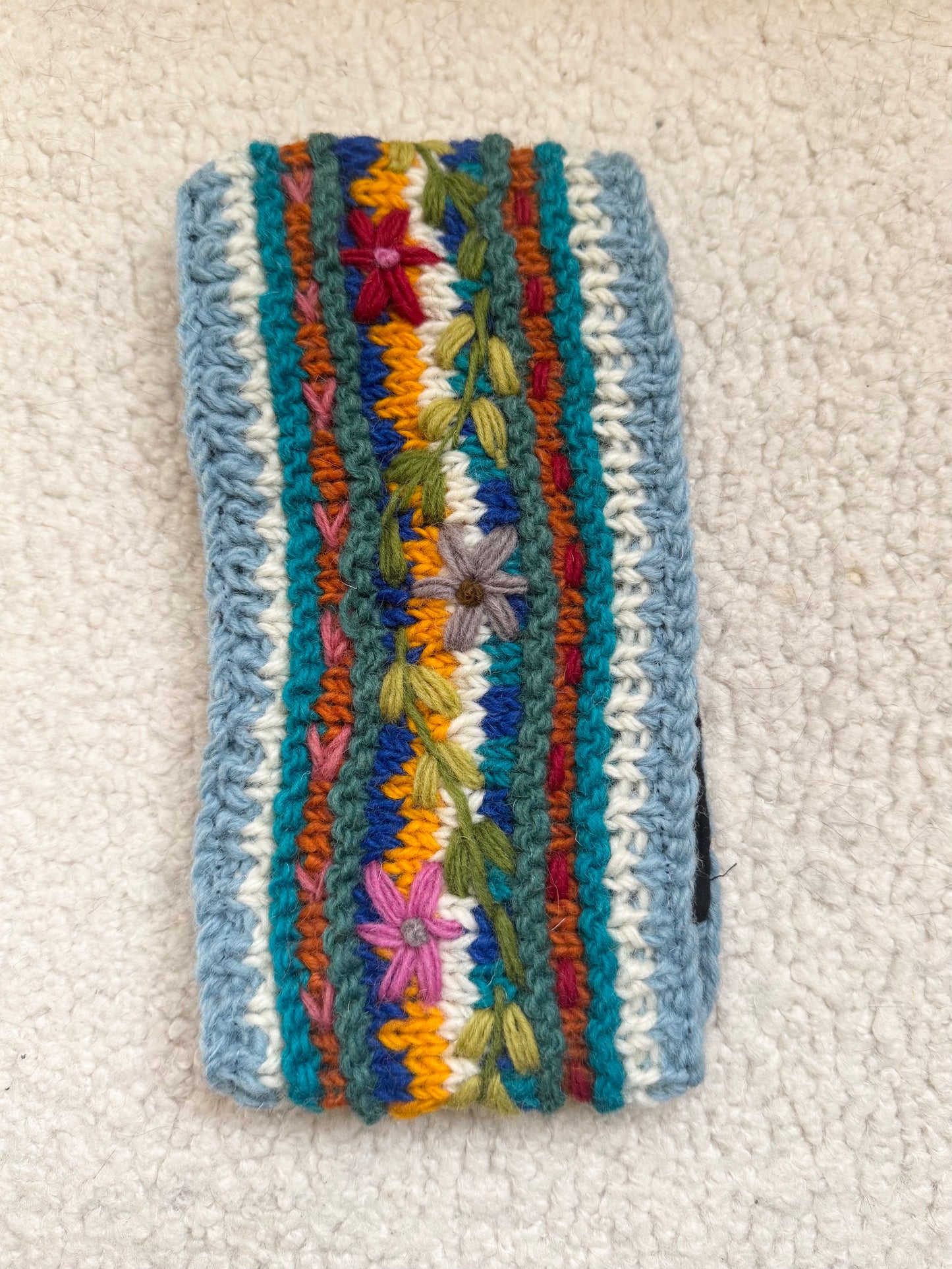 Hand Knit Floral Wool Ear Warmer – Embroidered Headband | Fleece Lined | One of a Kind | Made in Nepal