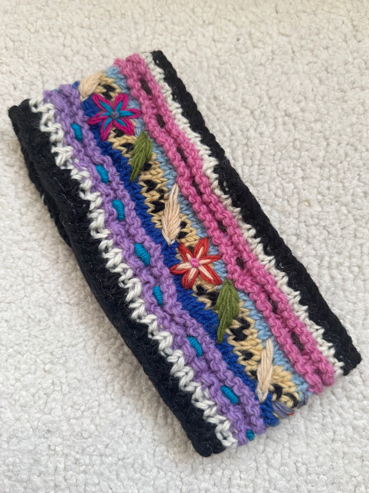 Hand Knit Floral Wool Ear Warmer – Embroidered Headband | Fleece Lined | One of a Kind | Made in Nepal