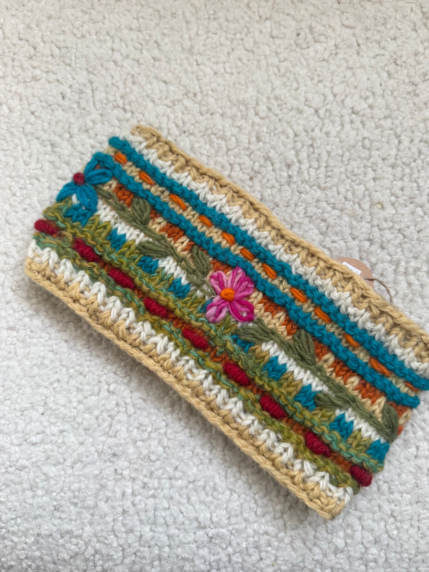 Hand Knit Floral Wool Ear Warmer – Embroidered Headband | Fleece Lined | One of a Kind | Made in Nepal