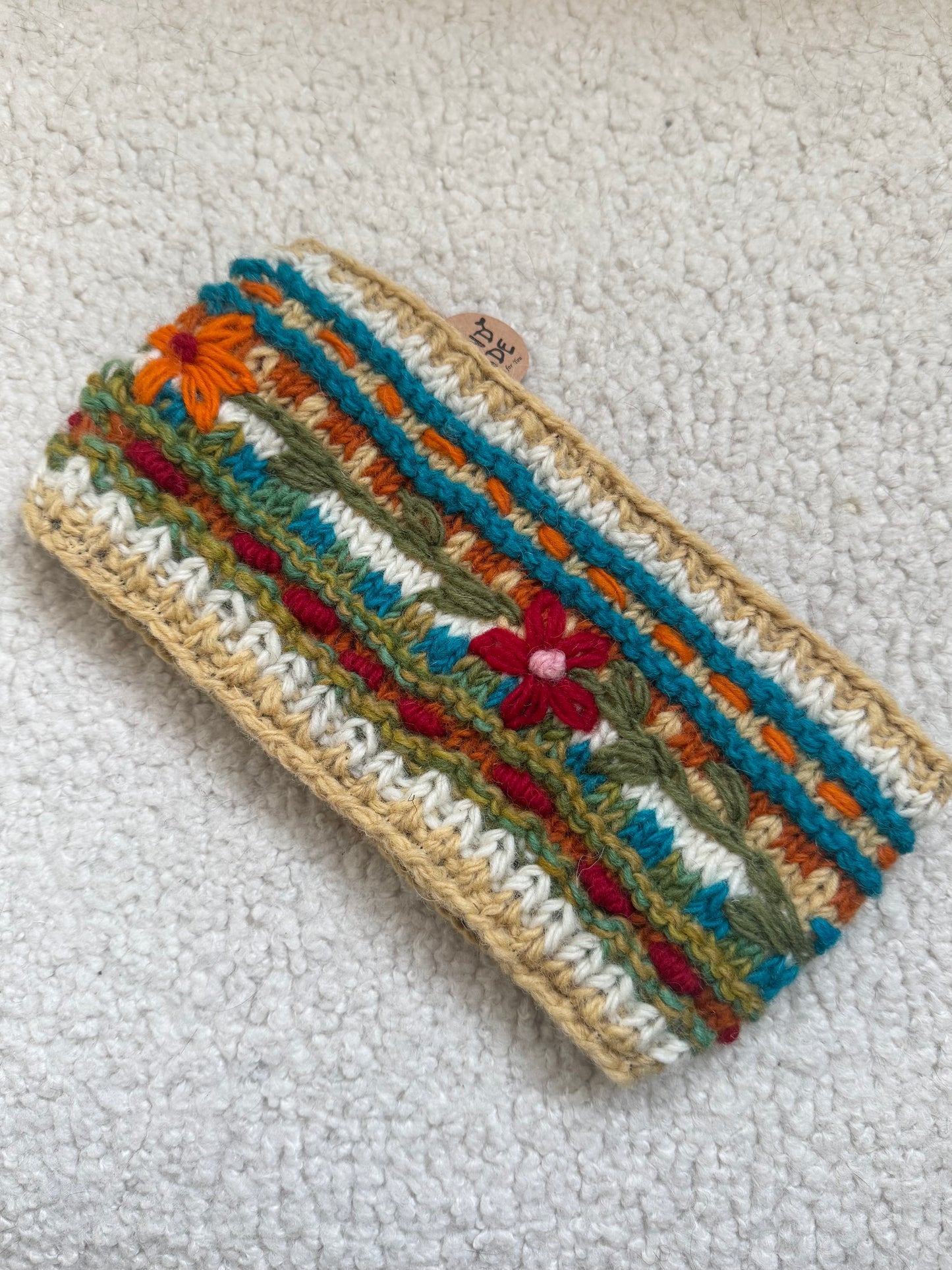 Hand Knit Floral Wool Ear Warmer – Embroidered Headband | Fleece Lined | One of a Kind | Made in Nepal