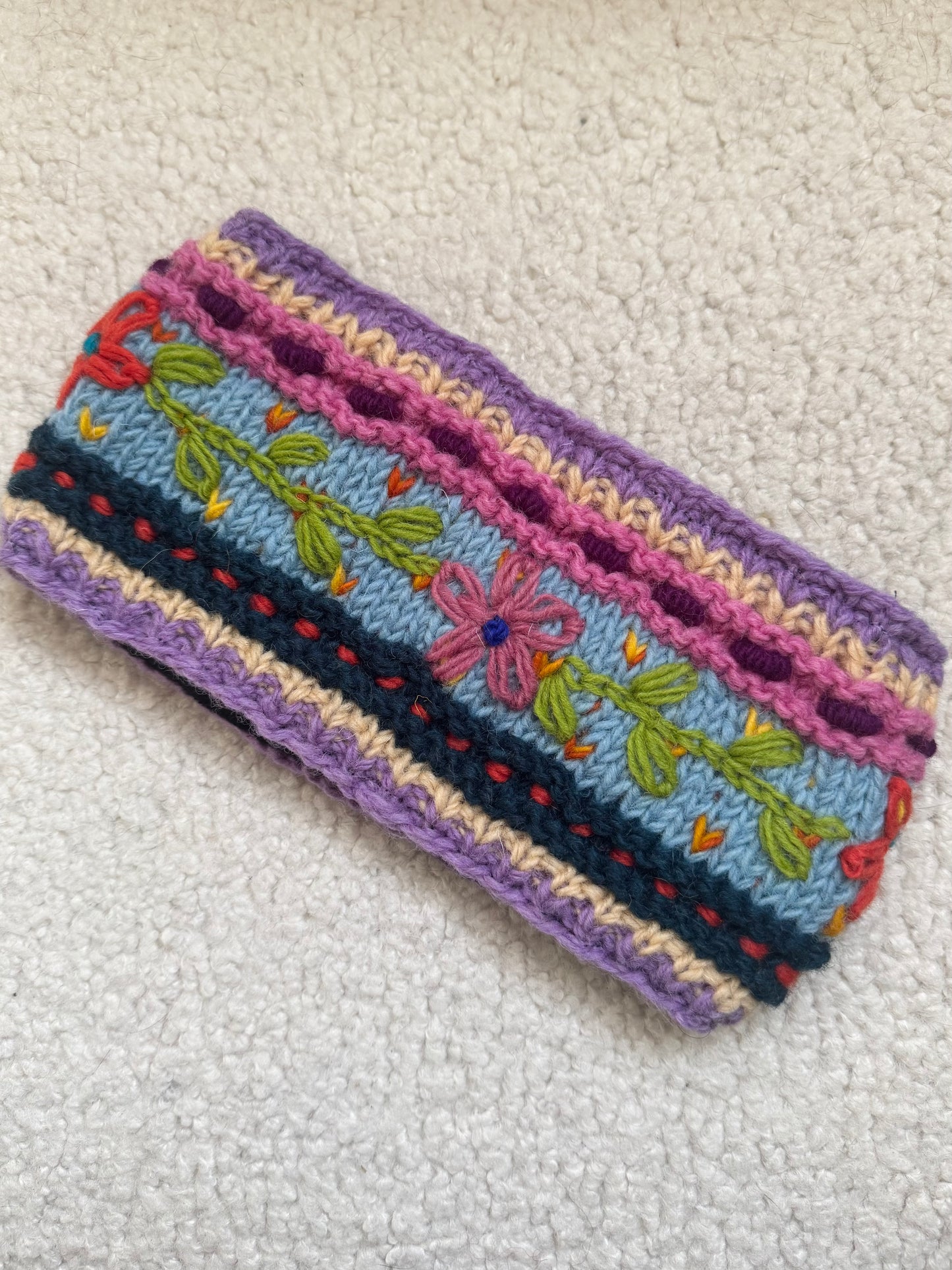 Hand Knit Floral Wool Ear Warmer – Embroidered Headband | Fleece Lined | One of a Kind | Made in Nepal
