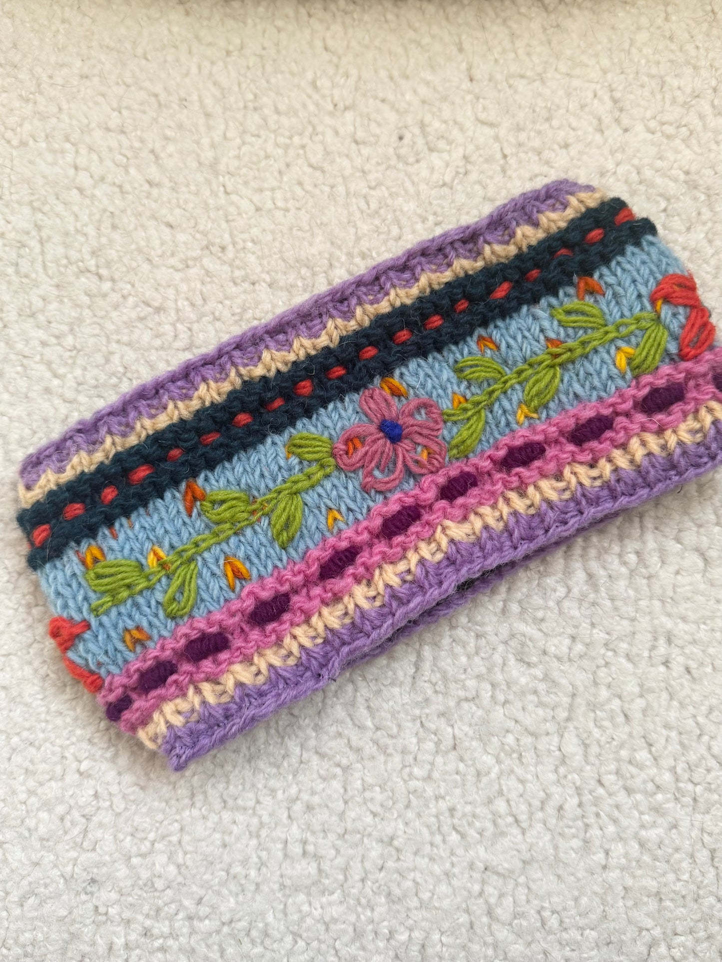 Hand Knit Floral Wool Ear Warmer – Embroidered Headband | Fleece Lined | One of a Kind | Made in Nepal