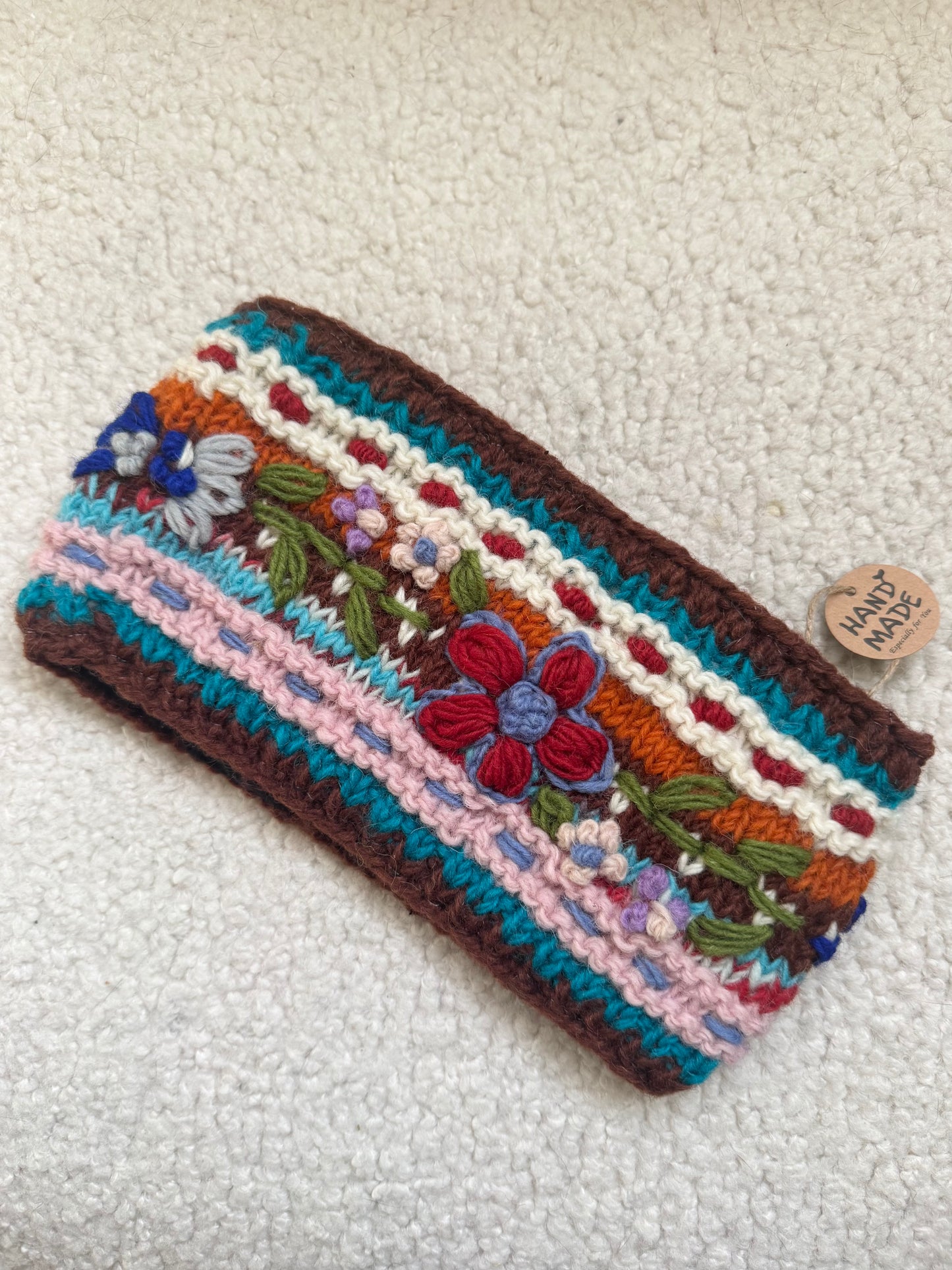 Hand Knit Floral Wool Ear Warmer – Embroidered Headband | Fleece Lined | One of a Kind | Made in Nepal