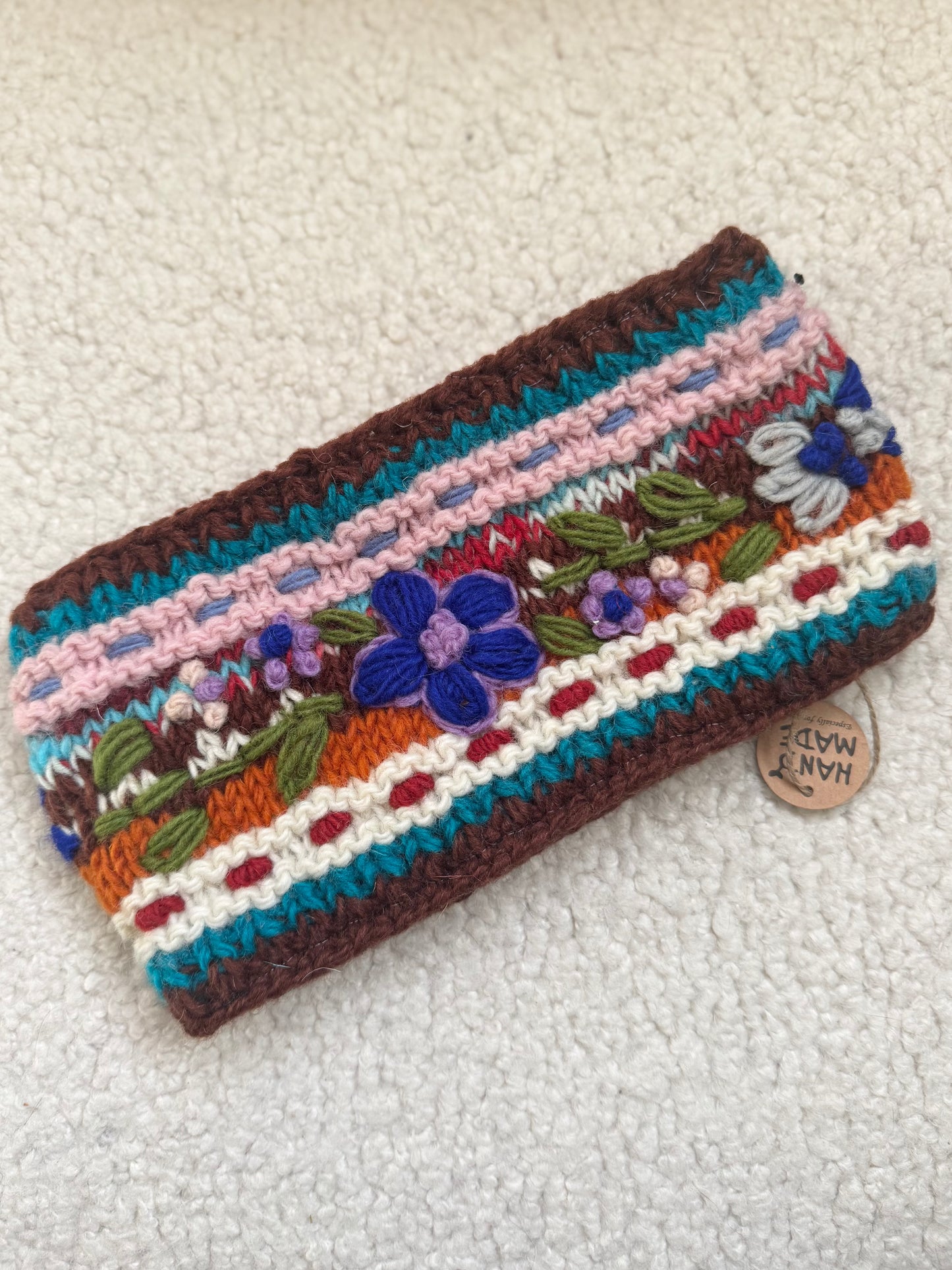 Hand Knit Floral Wool Ear Warmer – Embroidered Headband | Fleece Lined | One of a Kind | Made in Nepal
