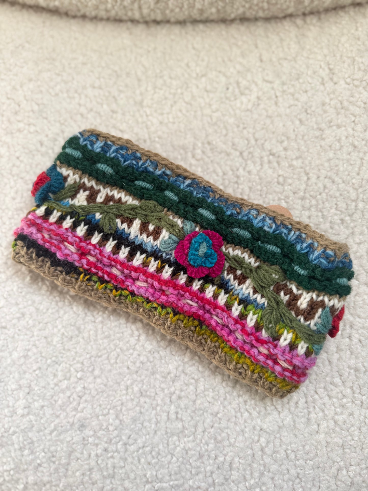 Hand Knit Floral Wool Ear Warmer – Embroidered Headband | Fleece Lined | One of a Kind | Made in Nepal