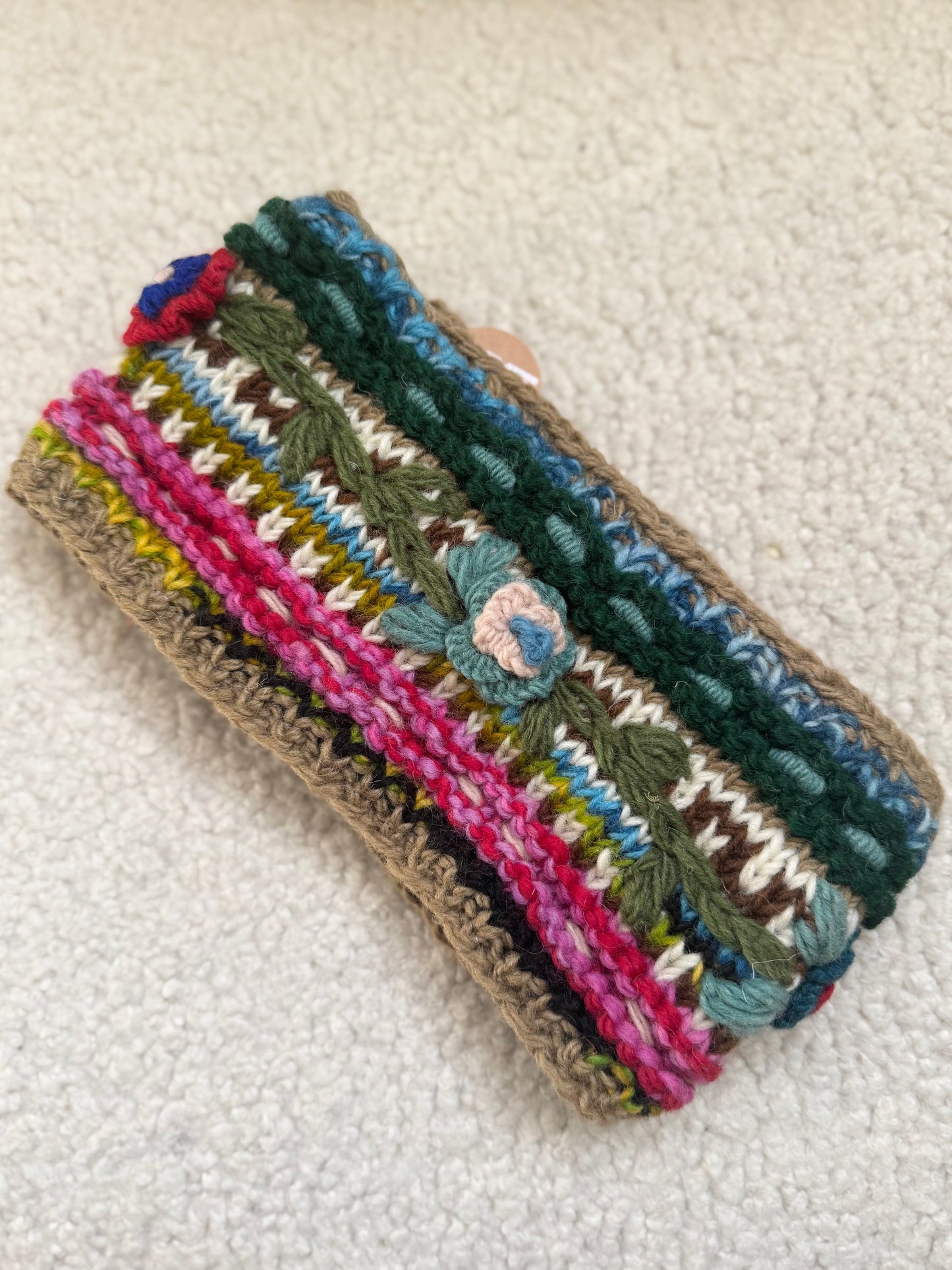 Hand Knit Floral Wool Ear Warmer – Embroidered Headband | Fleece Lined | One of a Kind | Made in Nepal
