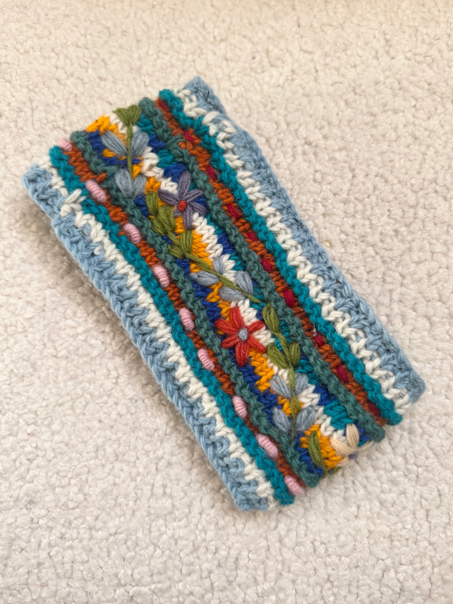 Hand Knit Floral Wool Ear Warmer – Embroidered Headband | Fleece Lined | One of a Kind | Made in Nepal