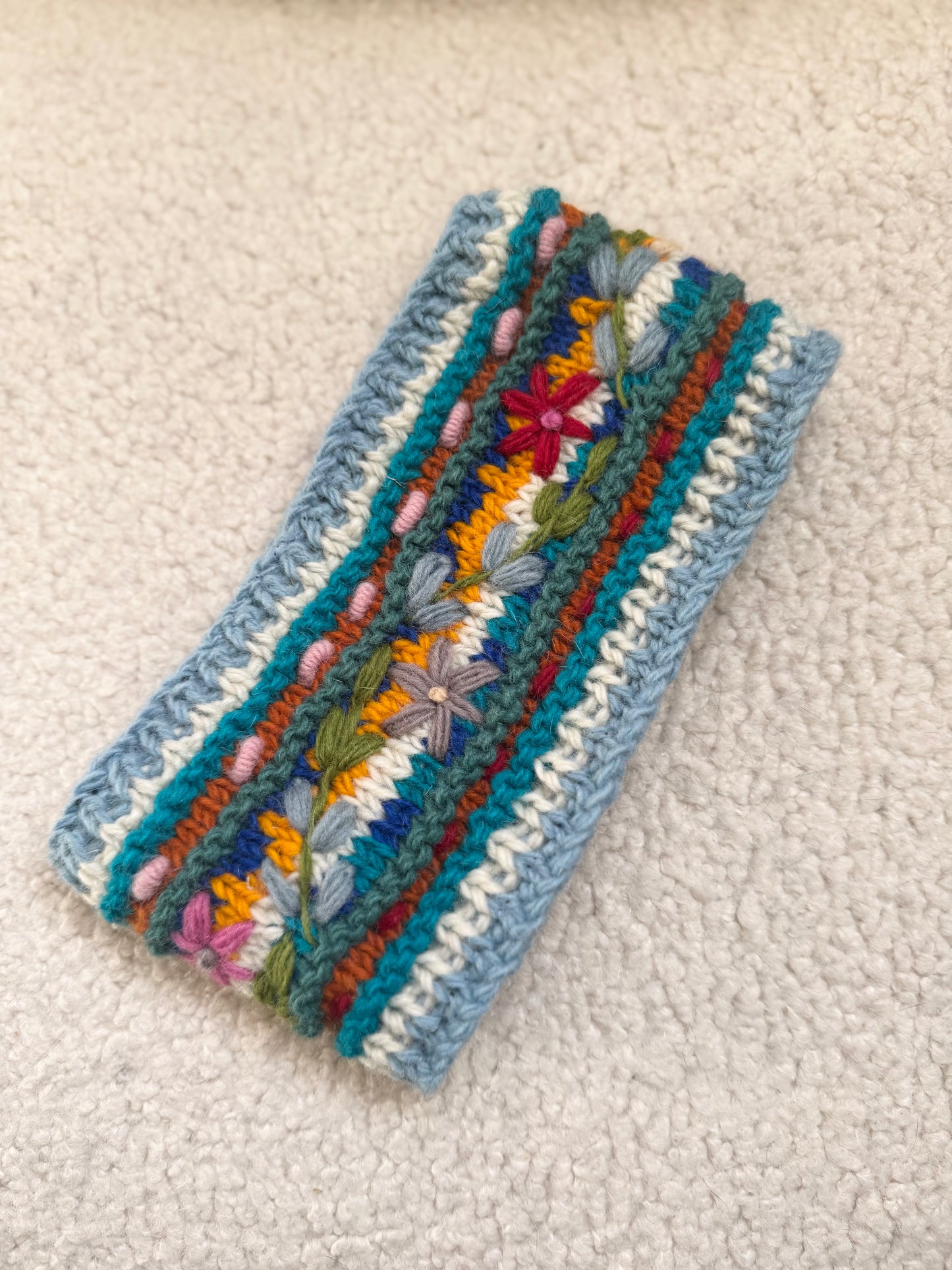 Hand Knit Floral Wool Ear Warmer – Embroidered Headband | Fleece Lined | One of a Kind | Made in Nepal
