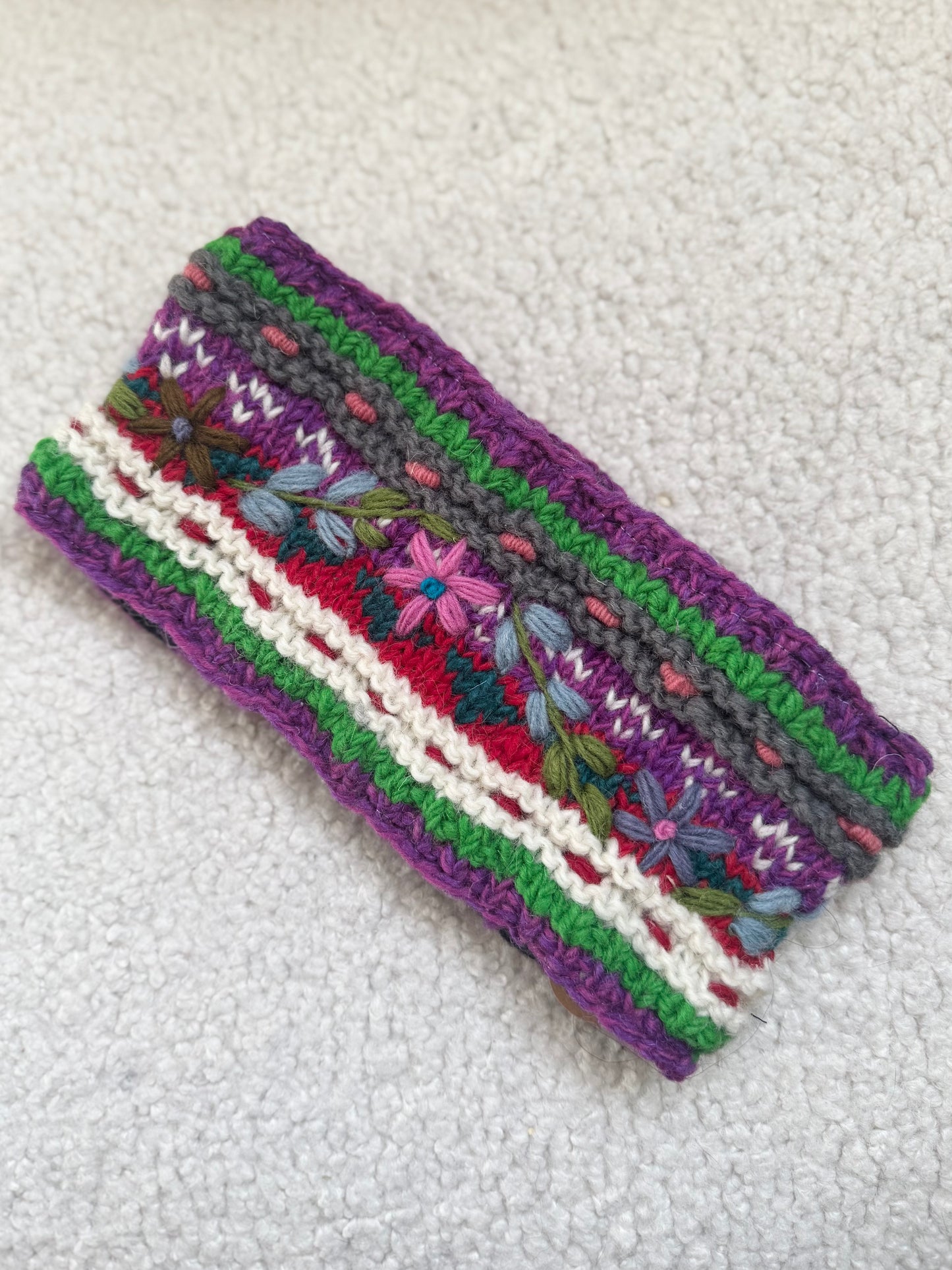 Hand Knit Floral Wool Ear Warmer – Embroidered Headband | Fleece Lined | One of a Kind | Made in Nepal