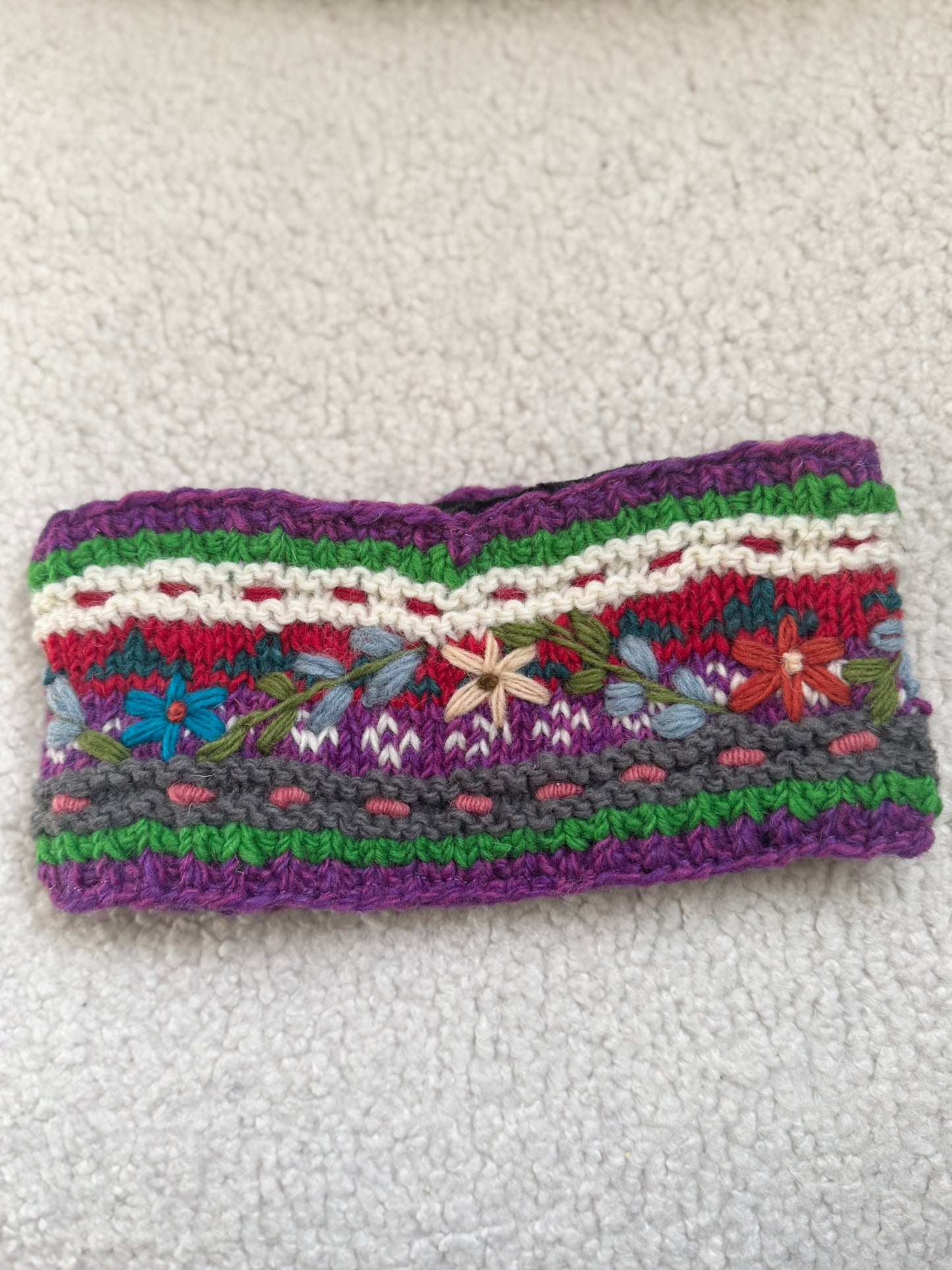 Hand Knit Floral Wool Ear Warmer – Embroidered Headband | Fleece Lined | One of a Kind | Made in Nepal