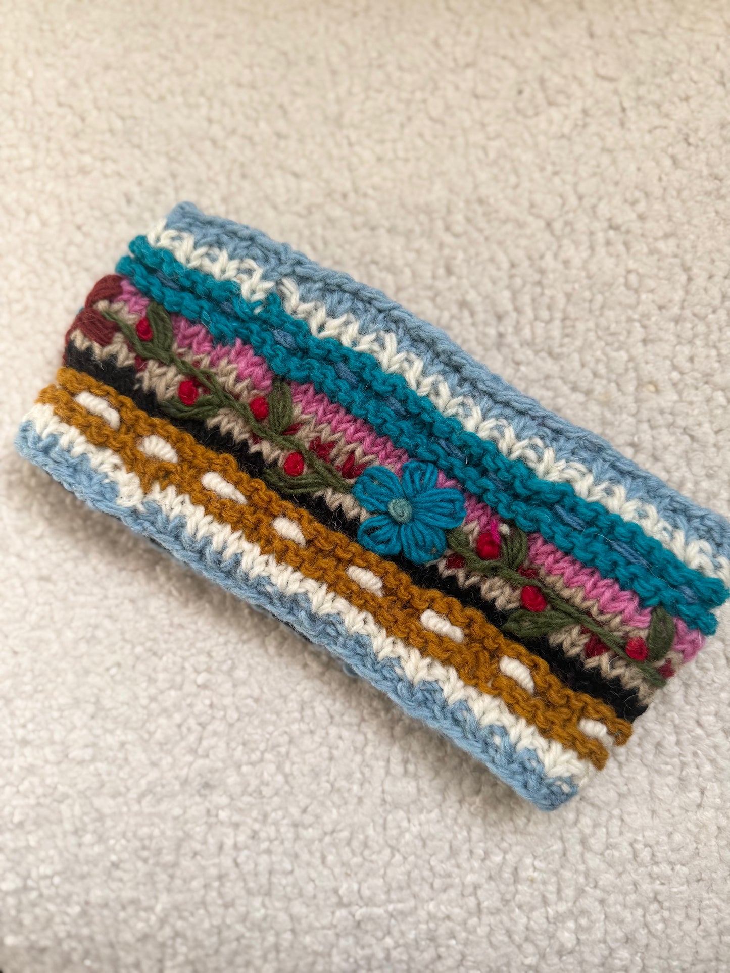 Hand Knit Floral Wool Ear Warmer – Embroidered Headband | Fleece Lined | One of a Kind | Made in Nepal